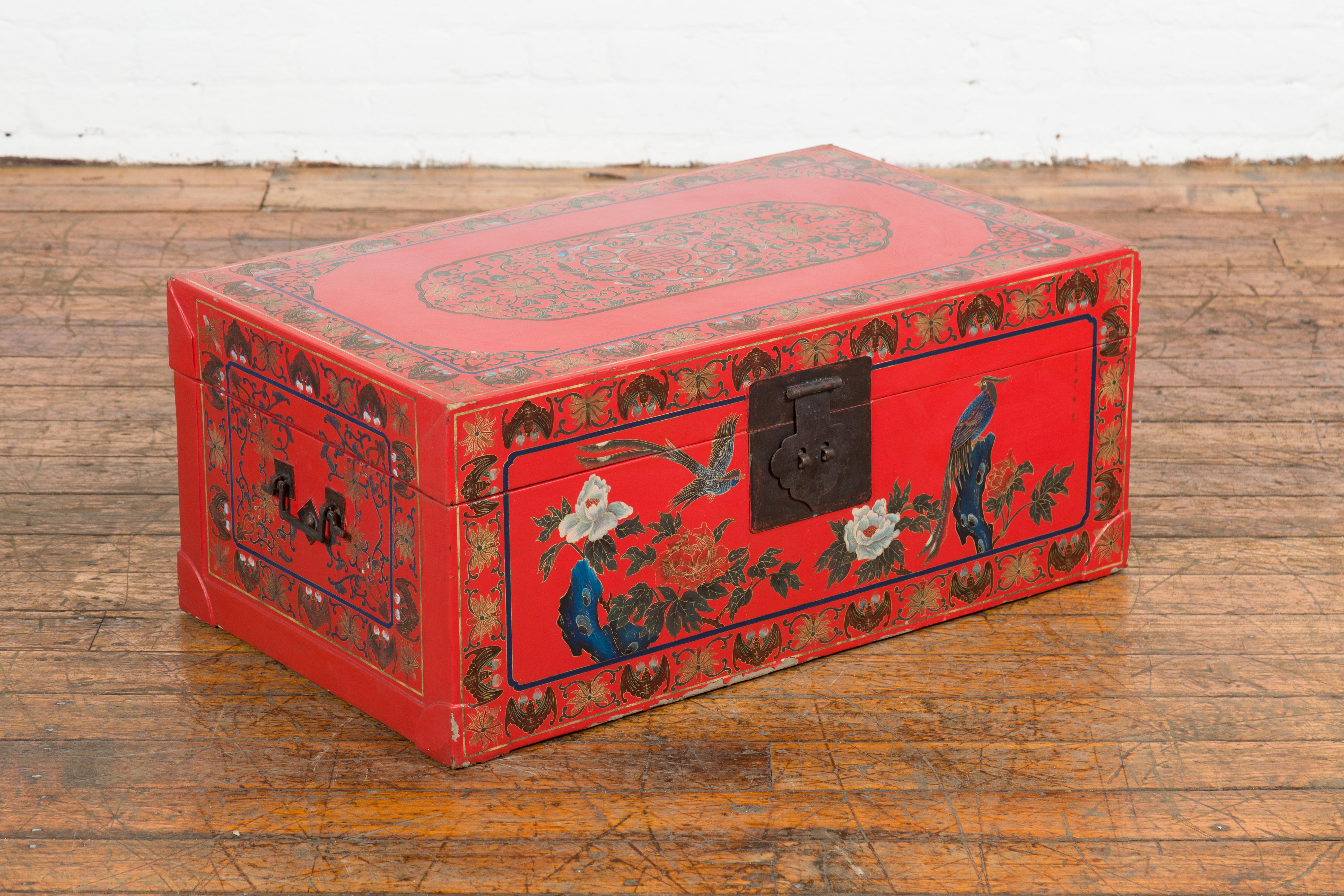 Red Vintage Trunk with Yellow Inside Lining & Blue Leaves on Back For Sale 9