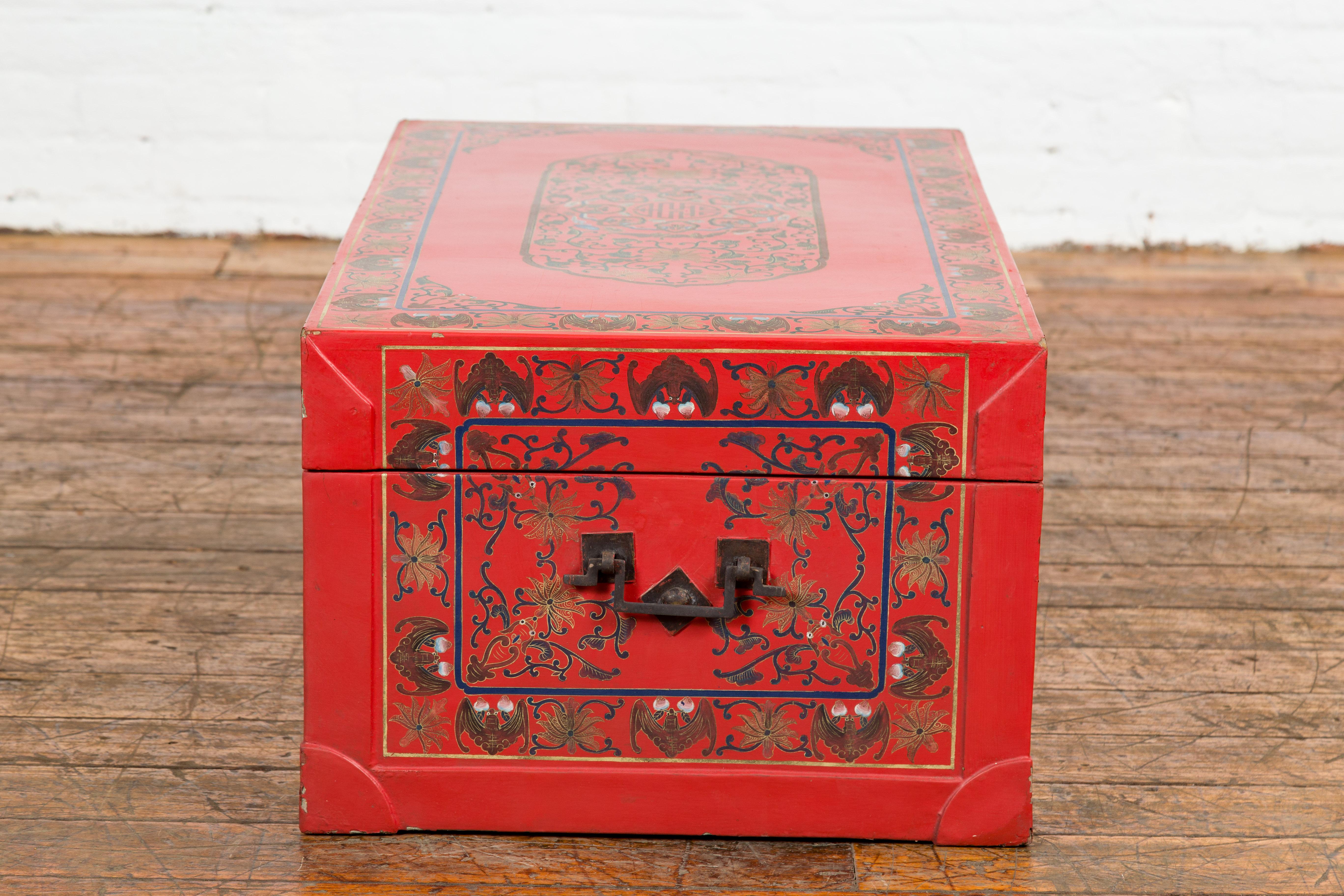 Red Vintage Trunk with Yellow Inside Lining & Blue Leaves on Back For Sale 10