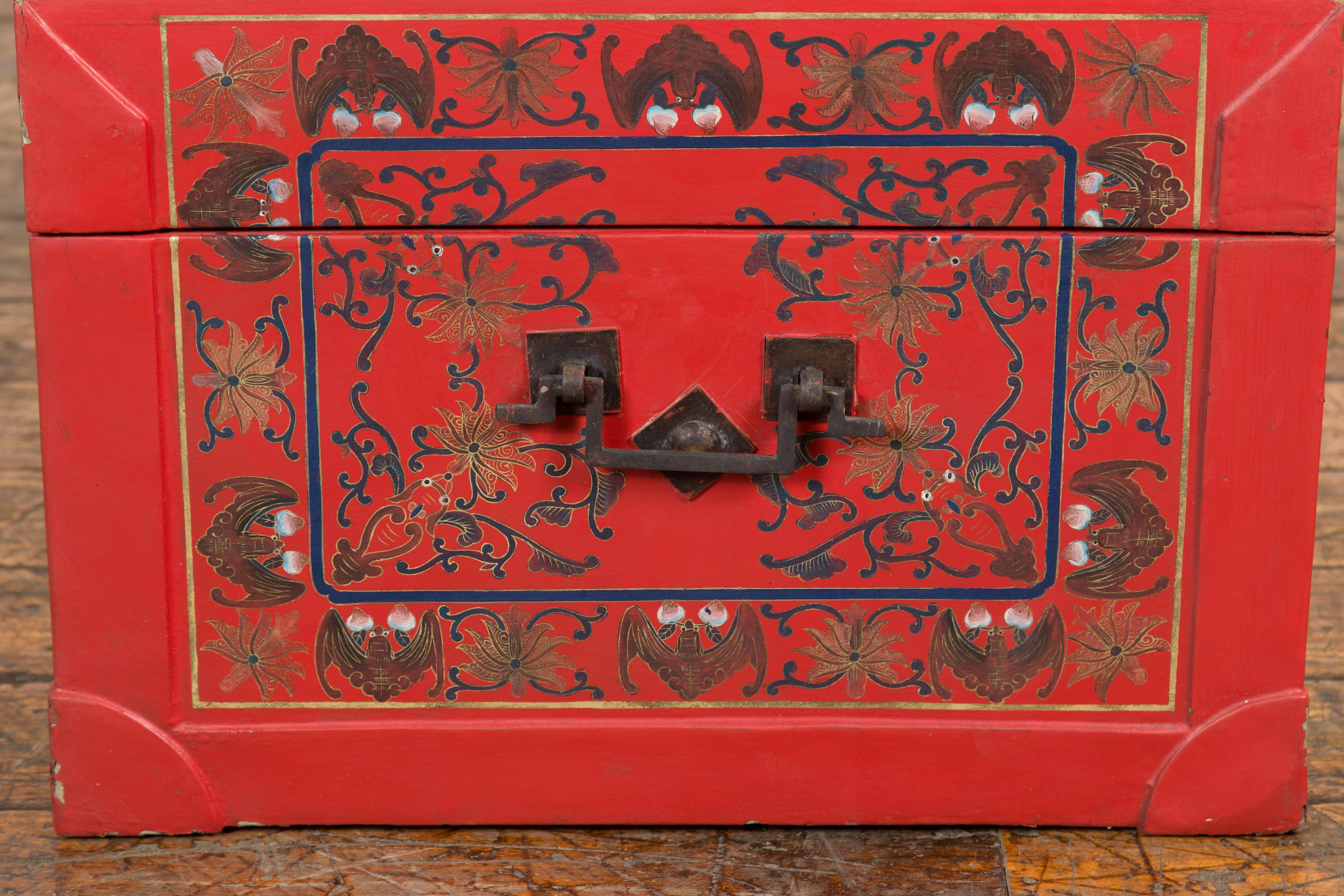 Red Vintage Trunk with Yellow Inside Lining & Blue Leaves on Back For Sale 11