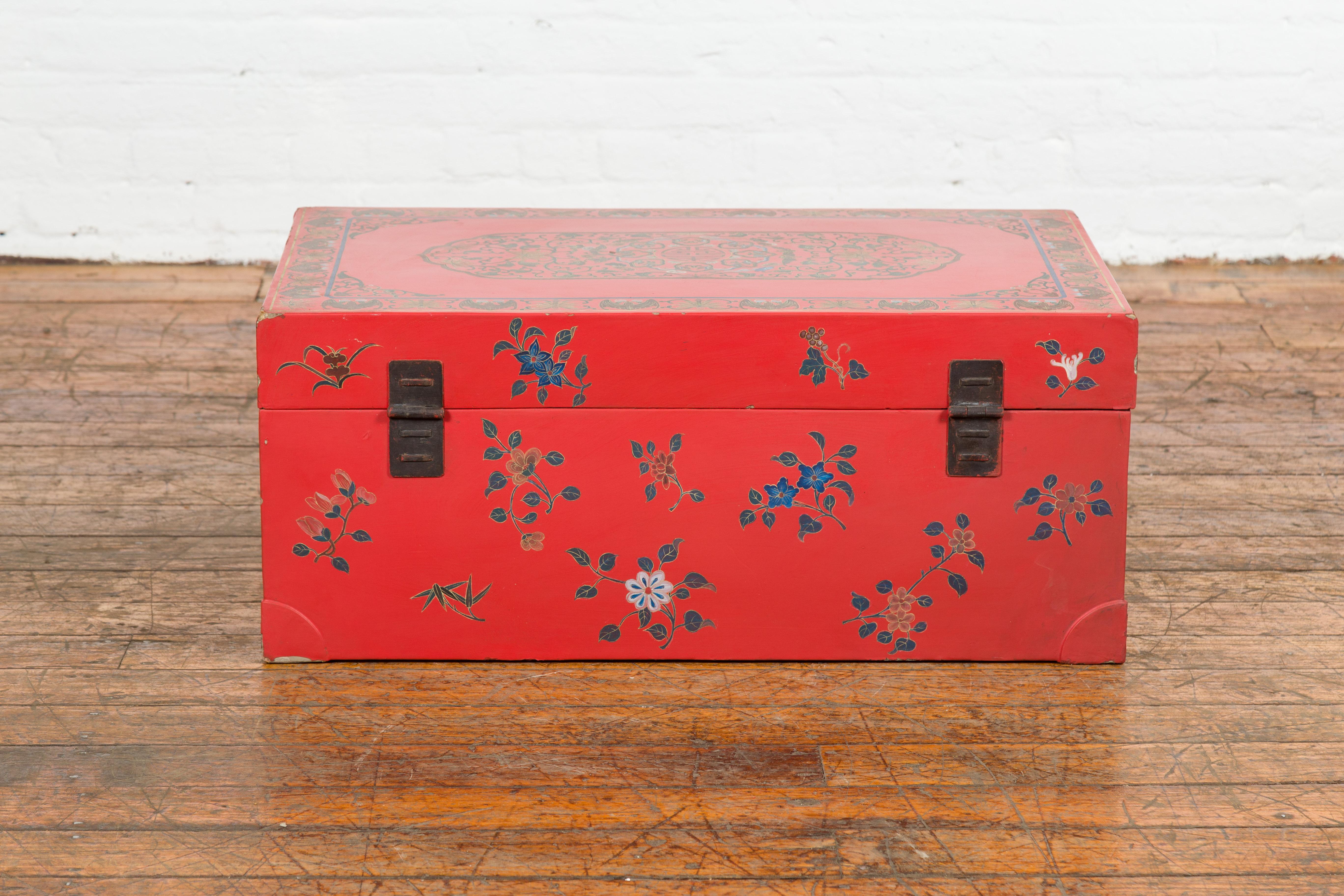 Red Vintage Trunk with Yellow Inside Lining & Blue Leaves on Back For Sale 12