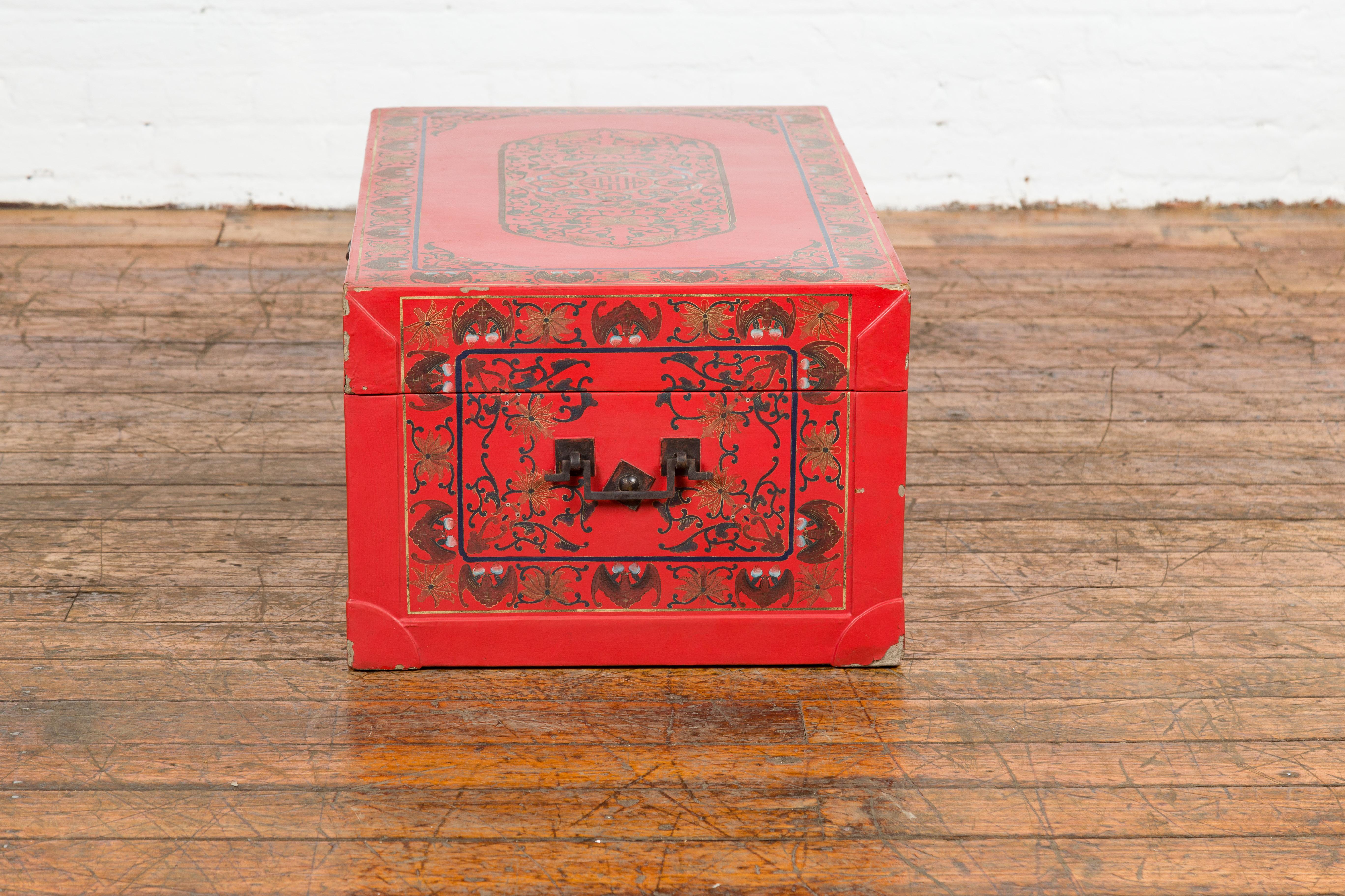 Red Vintage Trunk with Yellow Inside Lining & Blue Leaves on Back For Sale 13