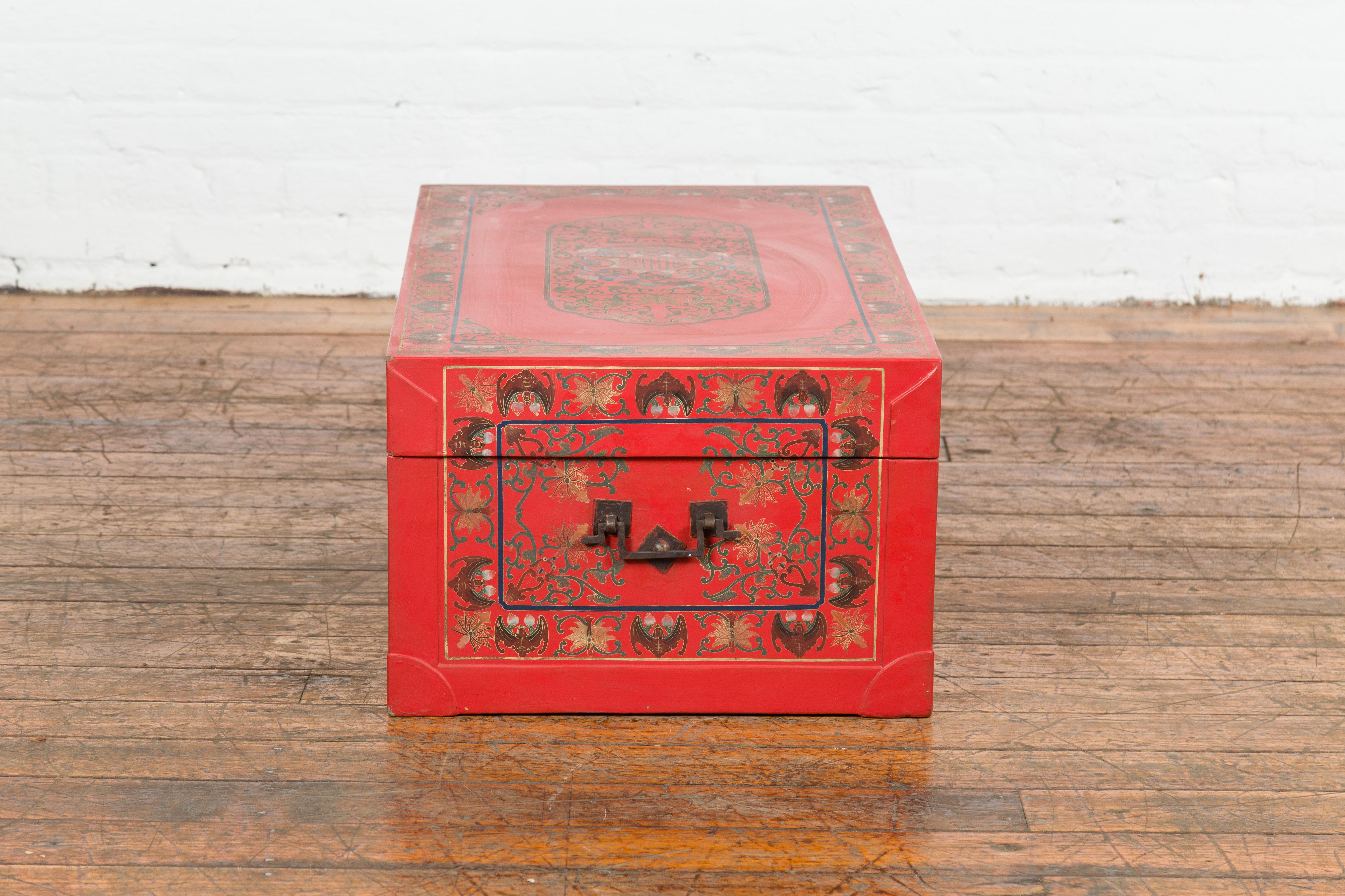 Red Vintage Trunk with Yellow Inside Lining & Green Leaves on Back For Sale 13