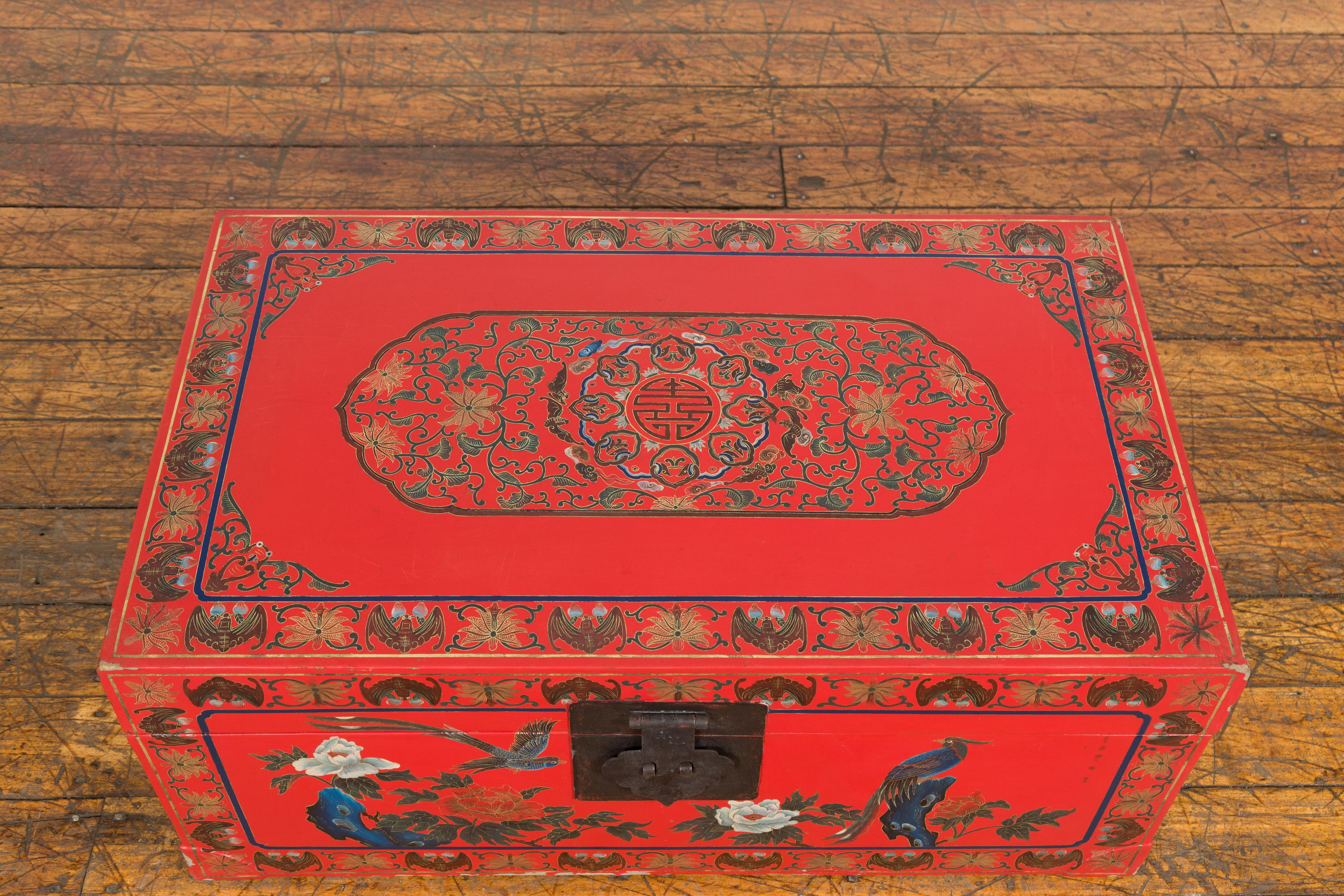 Chinese Red Vintage Trunk with Yellow Inside Lining & Blue Leaves on Back For Sale