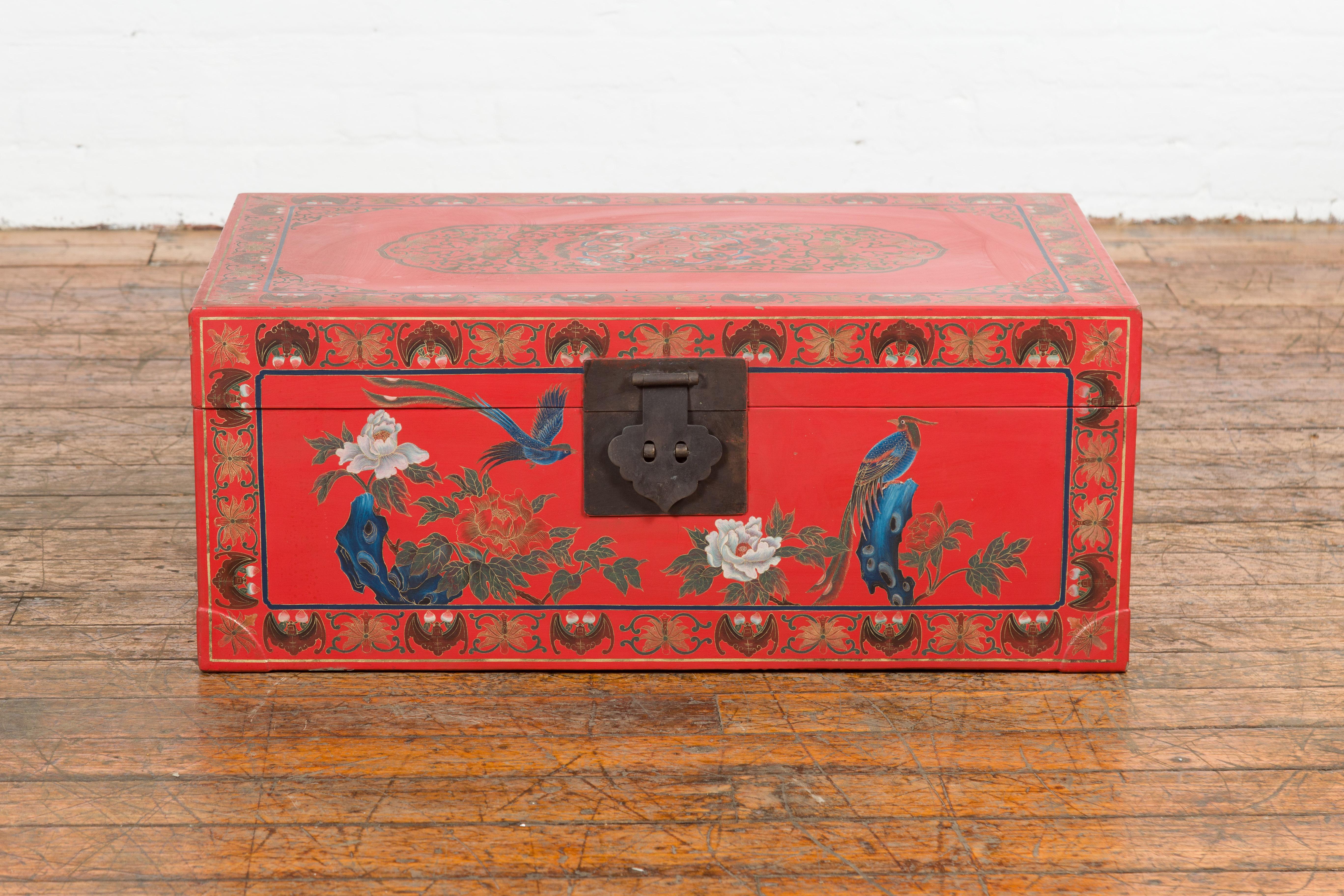 Chinese Red Vintage Trunk with Yellow Inside Lining & Green Leaves on Back For Sale