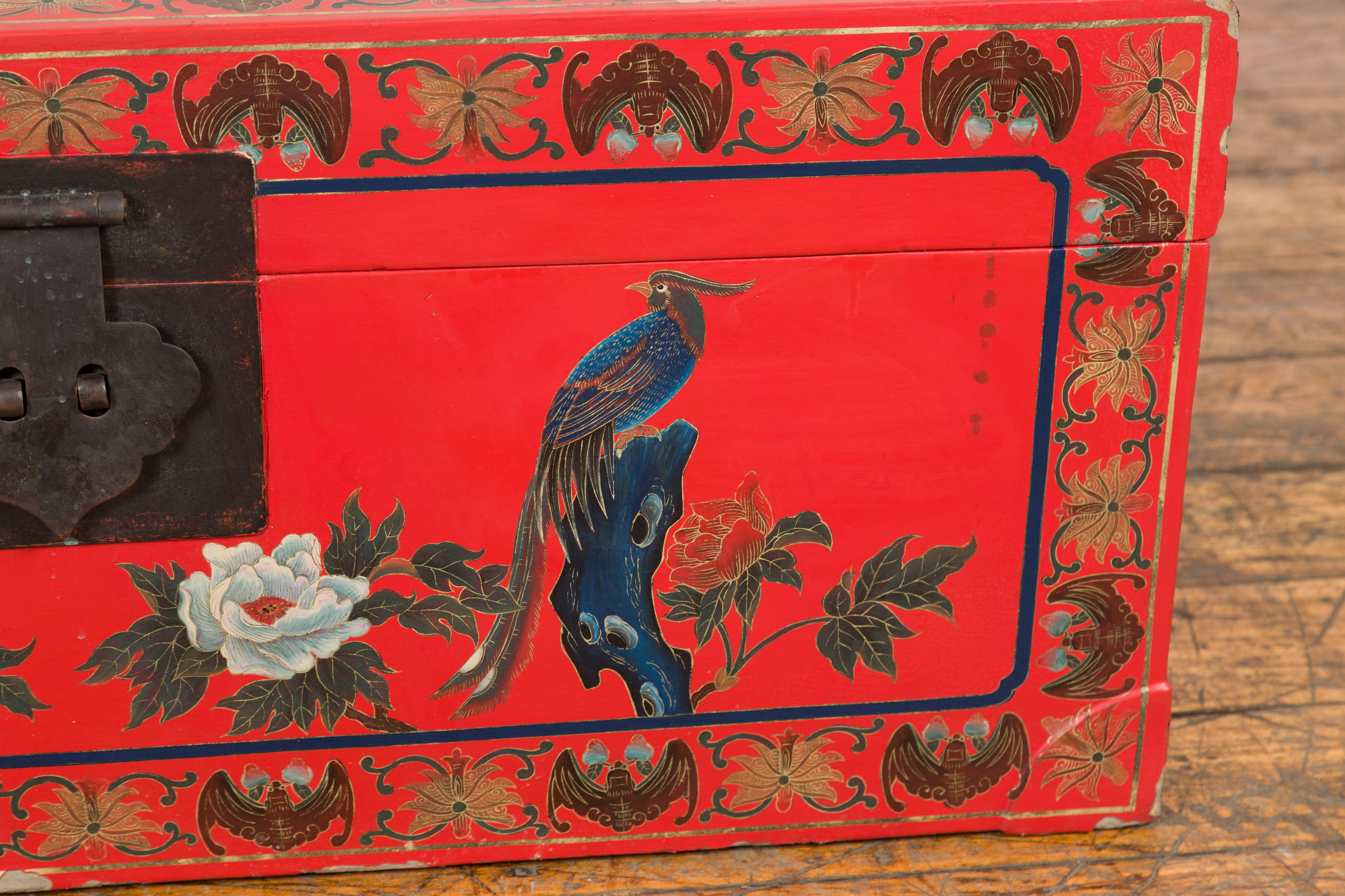 Red Vintage Trunk with Yellow Inside Lining & Blue Leaves on Back In Good Condition For Sale In Yonkers, NY
