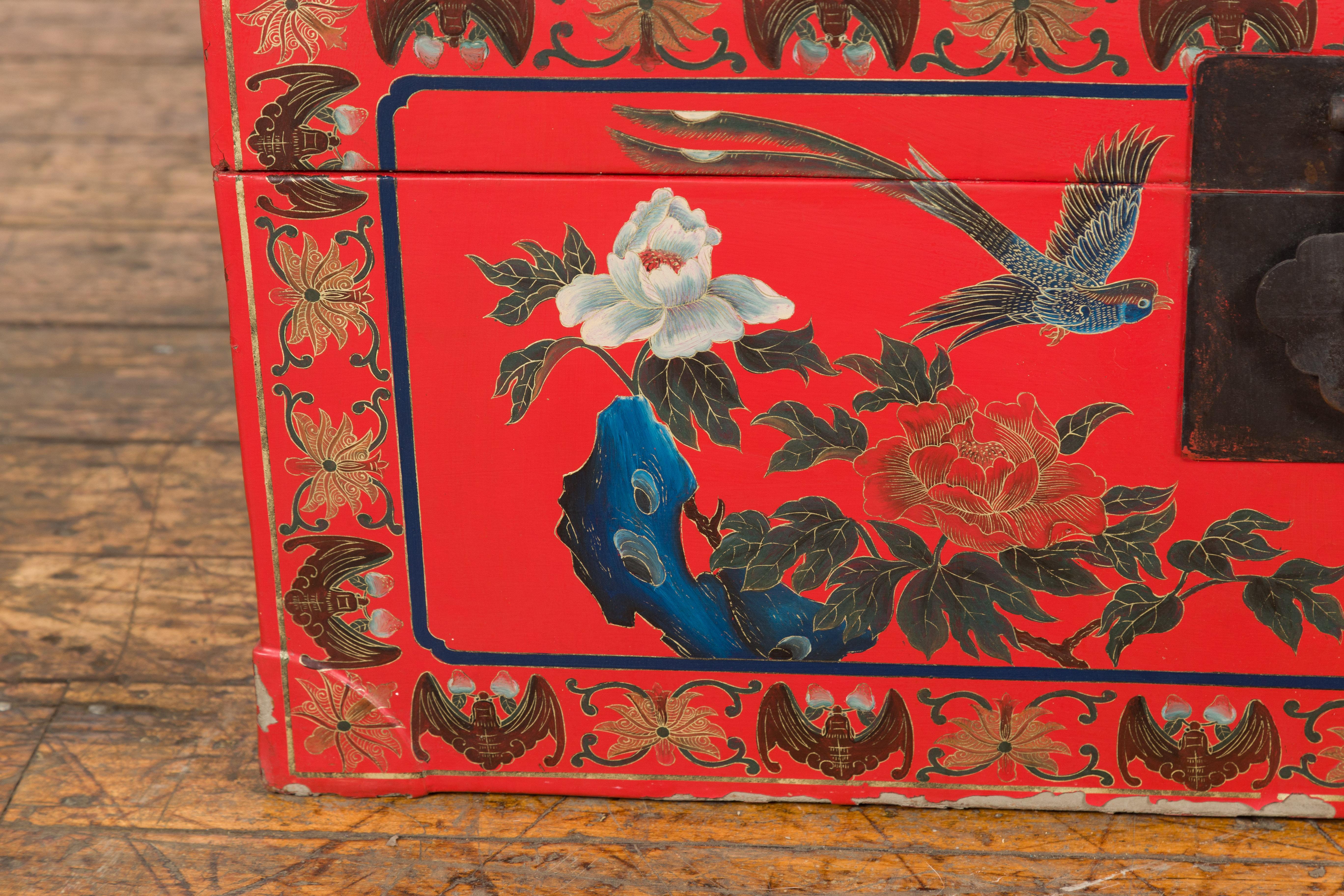 20th Century Red Vintage Trunk with Yellow Inside Lining & Blue Leaves on Back For Sale