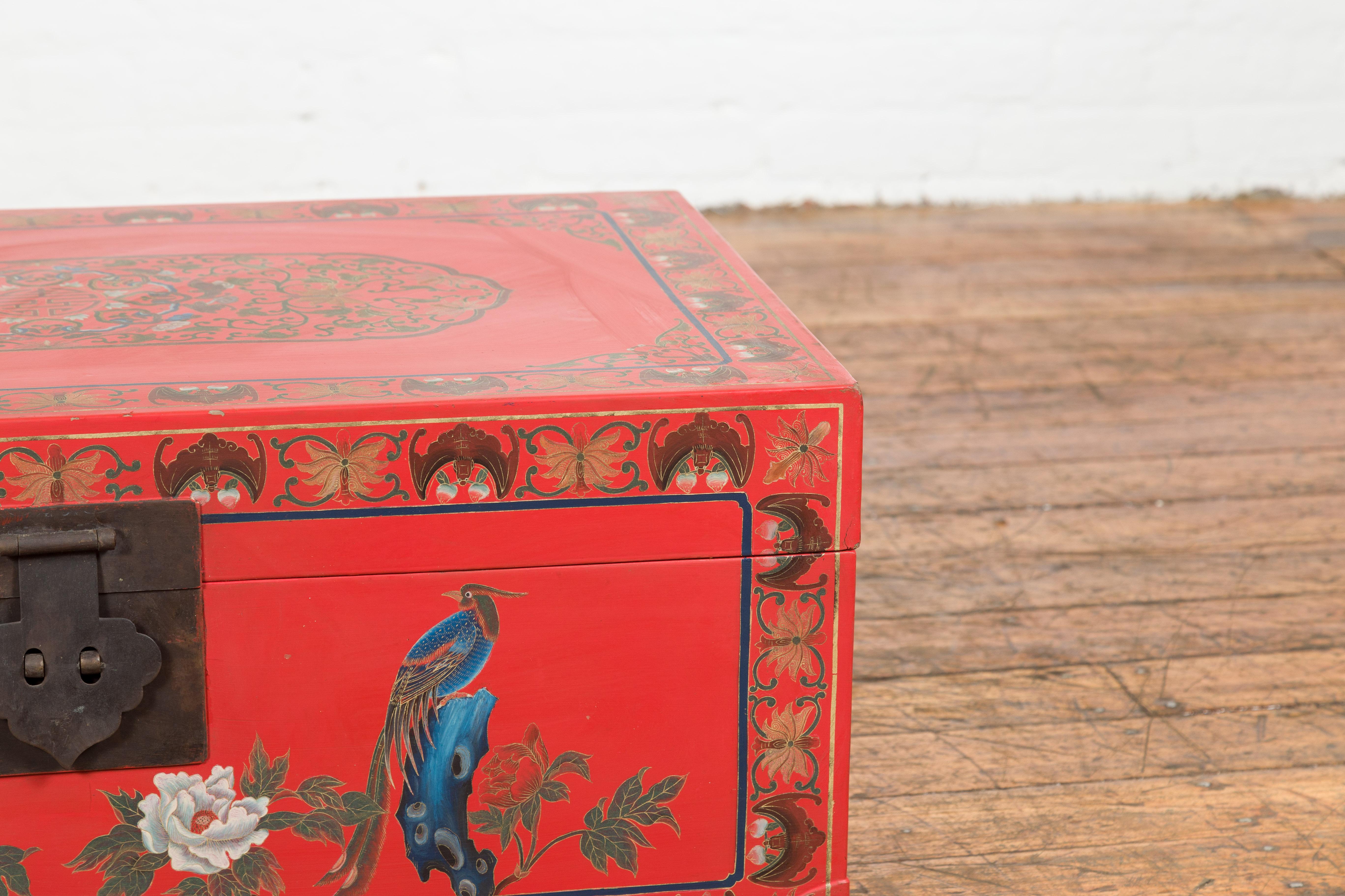 20th Century Red Vintage Trunk with Yellow Inside Lining & Green Leaves on Back For Sale