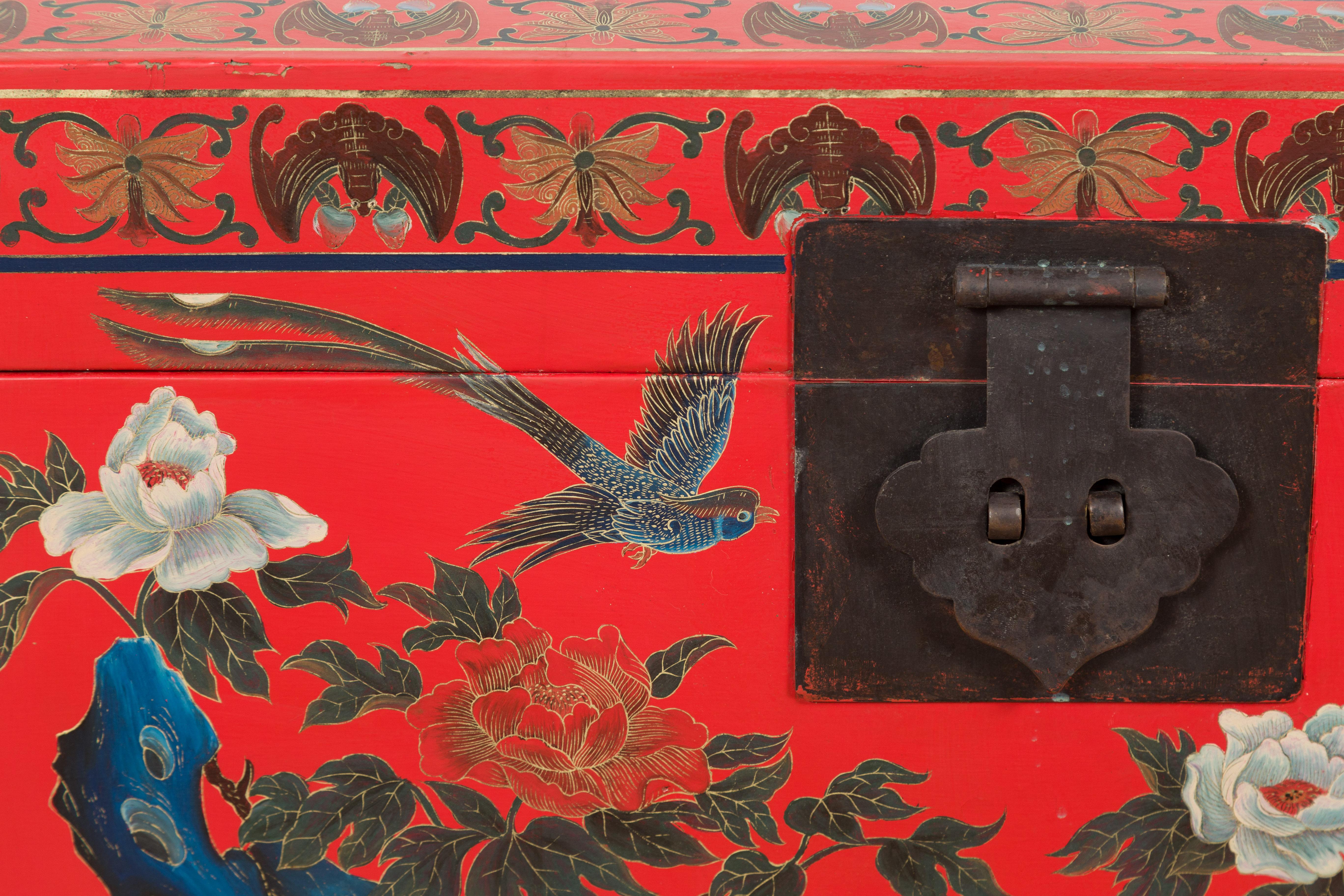 Brass Red Vintage Trunk with Yellow Inside Lining & Blue Leaves on Back For Sale