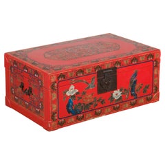 Vintage Chinese Red Lacquer Blanket Chest with Egrets, Bats and Floral Motifs
