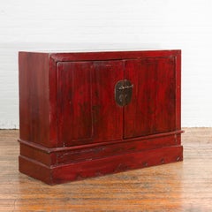 Vintage Chinese Red Lacquer Side Cabinet with Hand-Painted Floral Décor