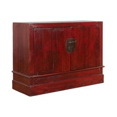 Vintage Chinese Red Lacquer Side Cabinet with Hand-Painted Floral Décor