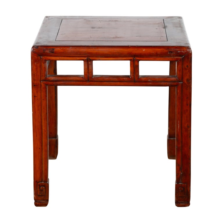 Vintage Chinese Red Lacquer Side Table with Open Apron and Carved