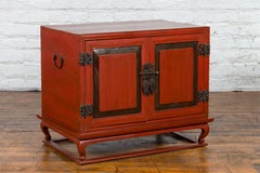 Vintage Red Lacquer Small Cabinet with Dark Accents and Cabriole Legs