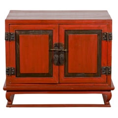Vintage Chinese Red Lacquer Small Cabinet with Dark Accents and Cabriole Legs