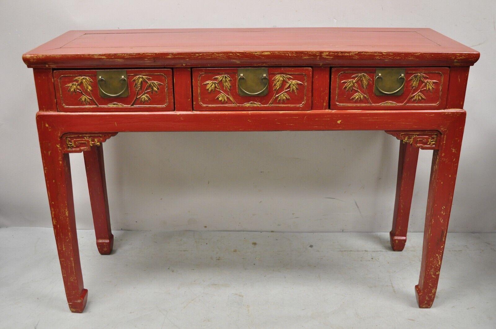 Vintage Chinese Red Lacquered 3 Drawer Console Table Sofa Hall Table For Sale 3