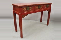Vintage Chinese Red Lacquered 3 Drawer Console Table Sofa Hall Table