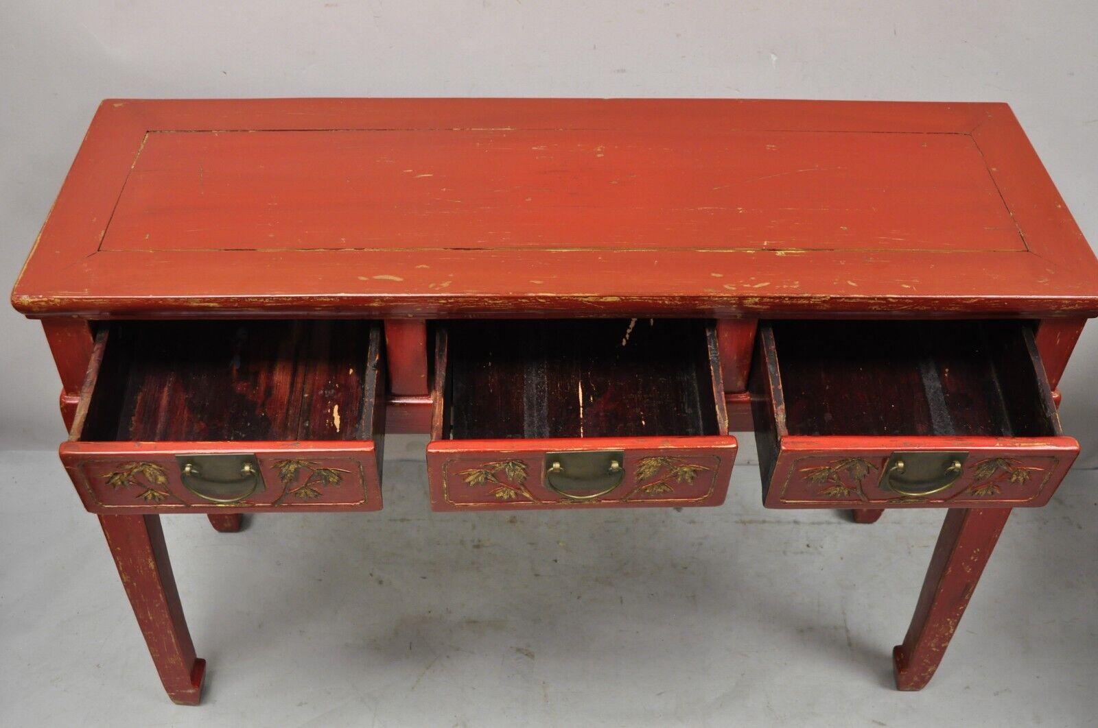 Chinoiserie Vintage Chinese Red Lacquered 3 Drawer Console Table Sofa Hall Table For Sale