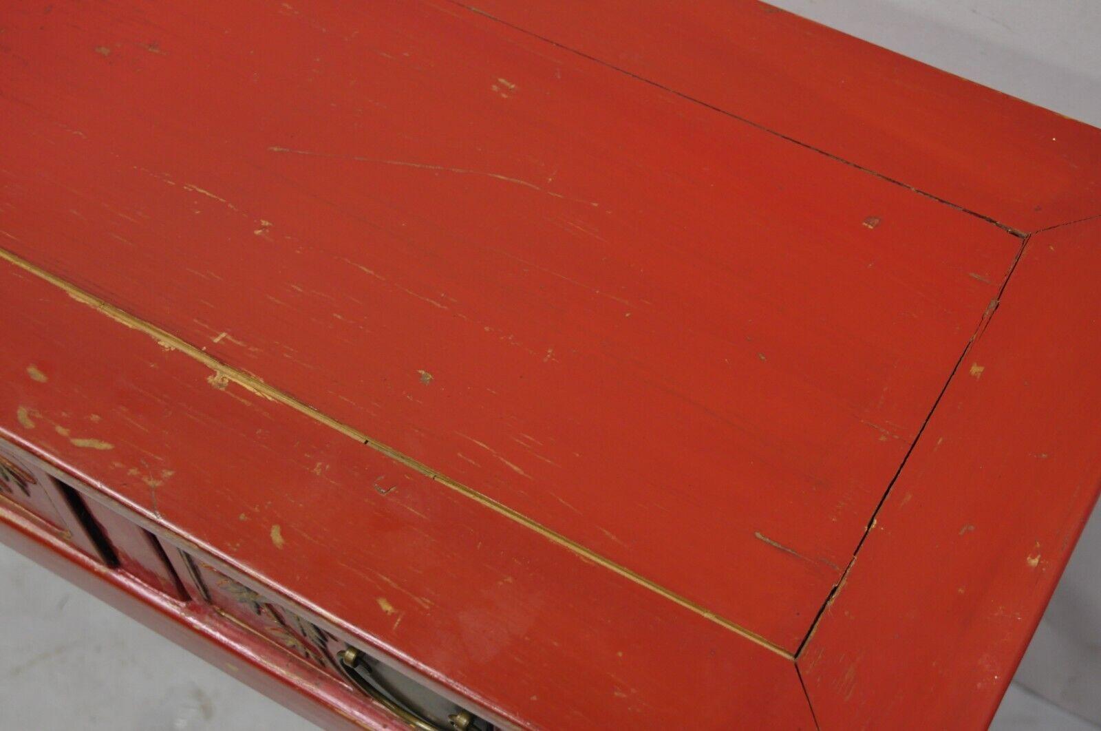 Vintage Chinese Red Lacquered 3 Drawer Console Table Sofa Hall Table In Good Condition For Sale In Philadelphia, PA