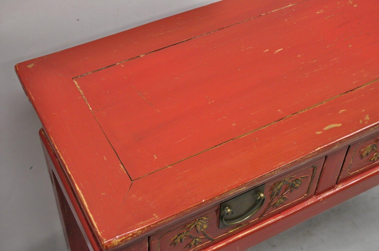 20th Century Vintage Chinese Red Lacquered 3 Drawer Console Table Sofa Hall Table For Sale