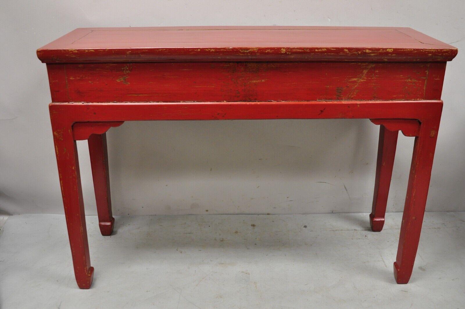 Wood Vintage Chinese Red Lacquered 3 Drawer Console Table Sofa Hall Table For Sale