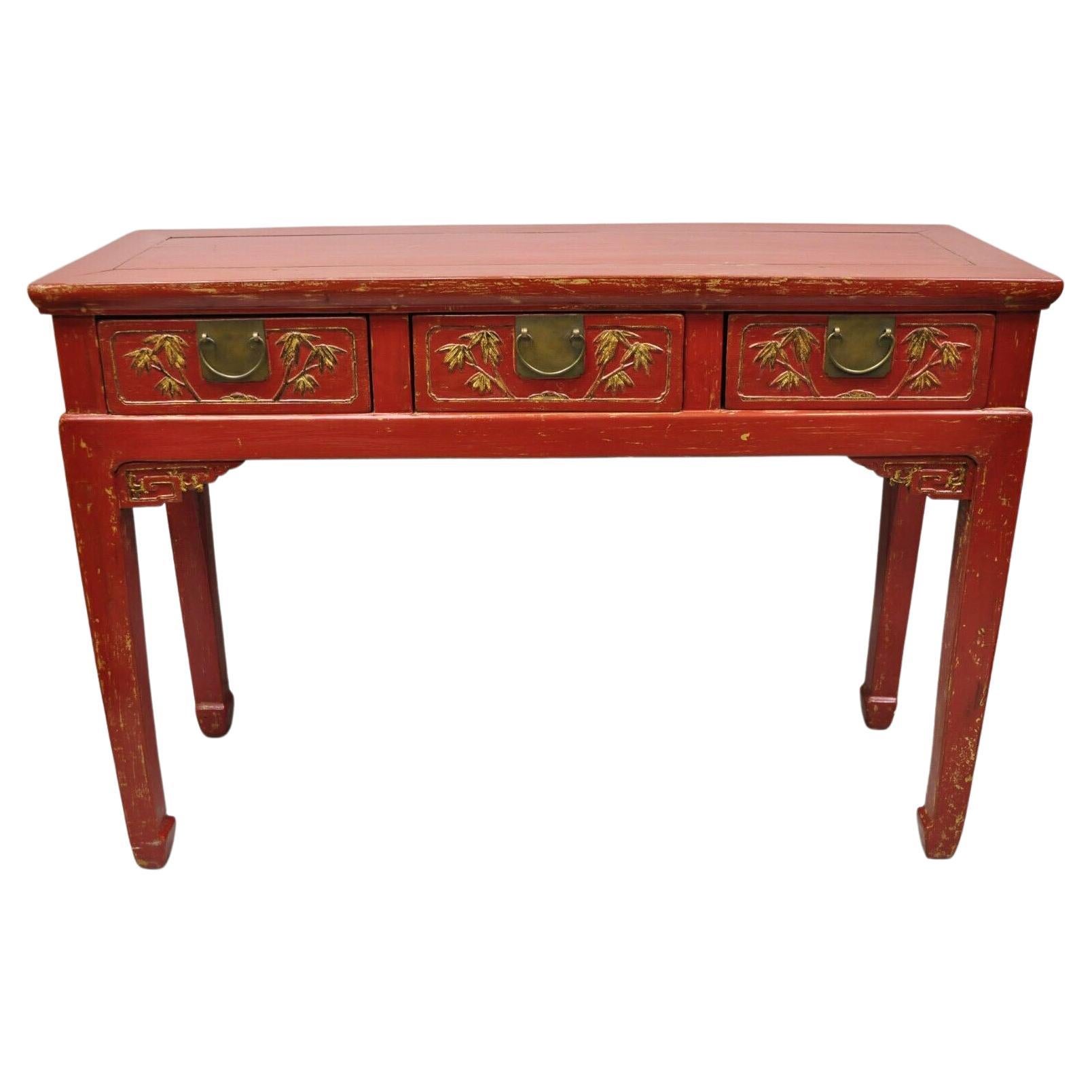 Vintage Chinese Red Lacquered 3 Drawer Console Table Sofa Hall Table For Sale