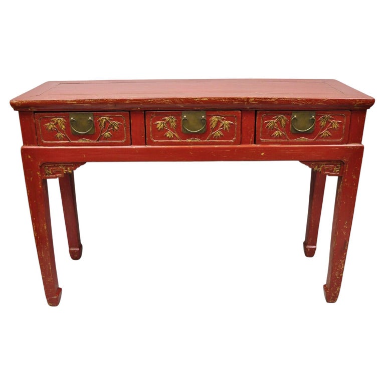 Console vintage chinoise laque rouge 3 tiroirs, table de salon ou table  d'entre En vente sur 1stDibs