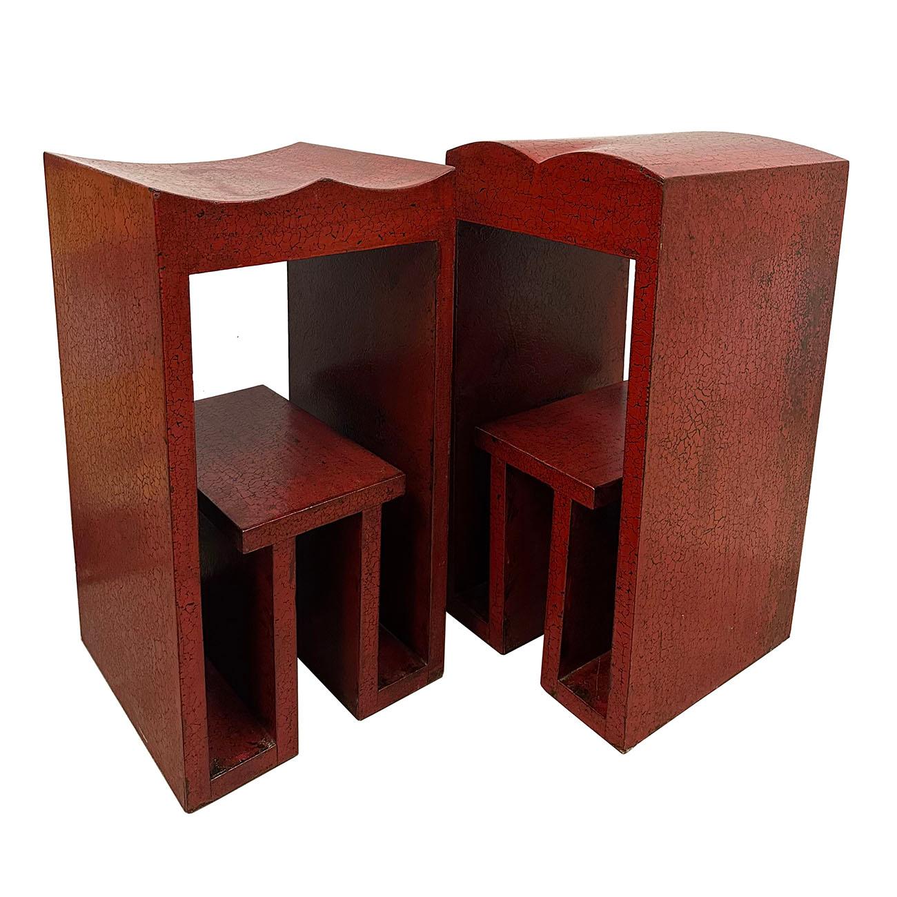 Chinese Export Vintage Chinese Red Lacquered Bar Stool for Couple - a Pair For Sale