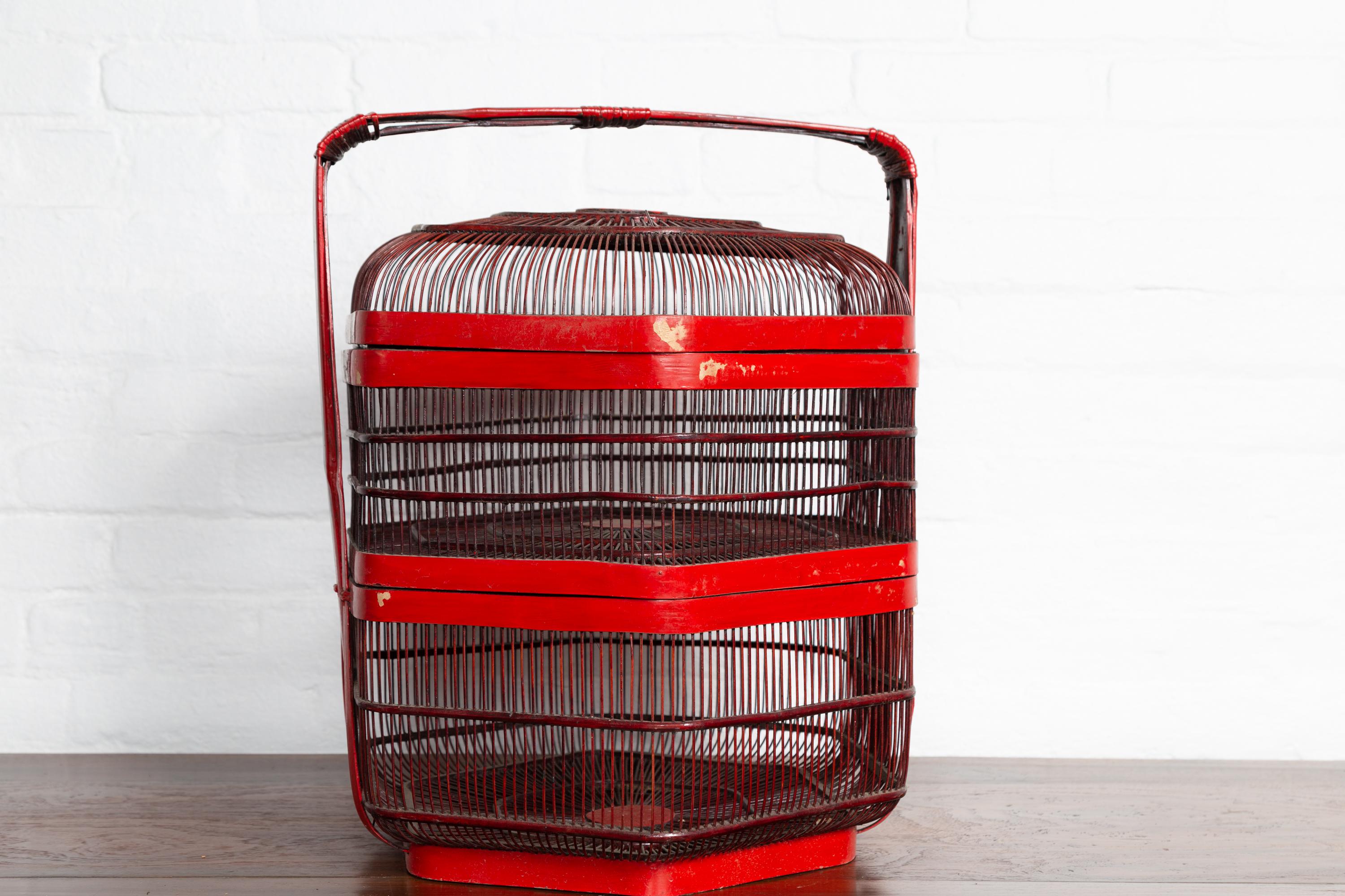 Vintage Chinese Red Lacquered Bird Cage with Handle and Hexagonal Base For Sale 4