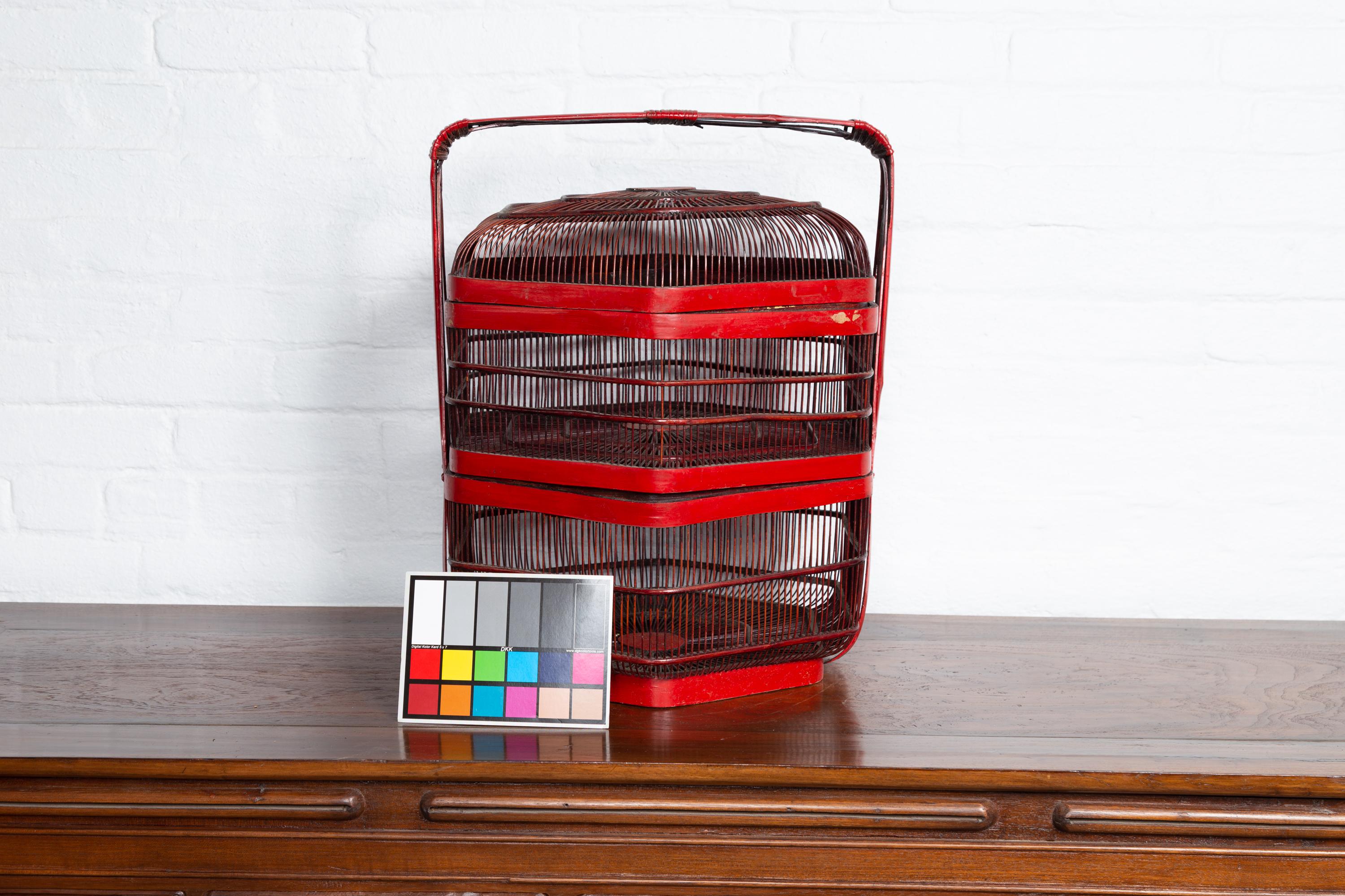 Vintage Chinese Red Lacquered Bird Cage with Handle and Hexagonal Base For Sale 5