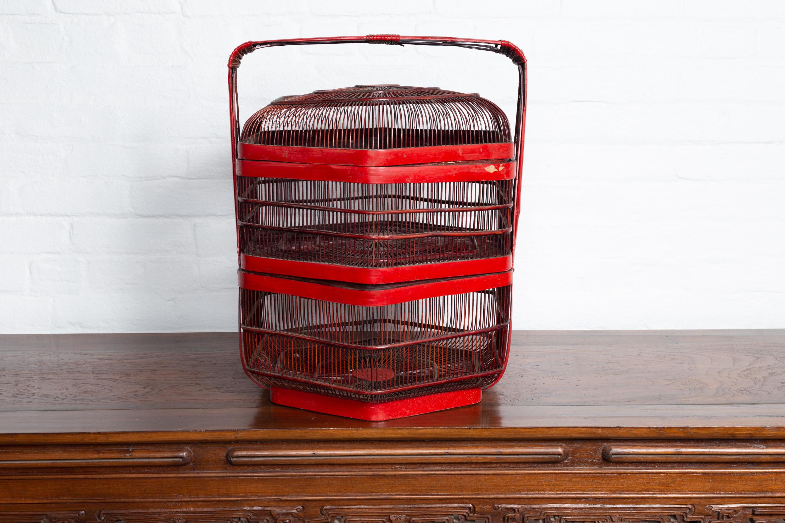 Wood Vintage Chinese Red Lacquered Bird Cage with Handle and Hexagonal Base For Sale