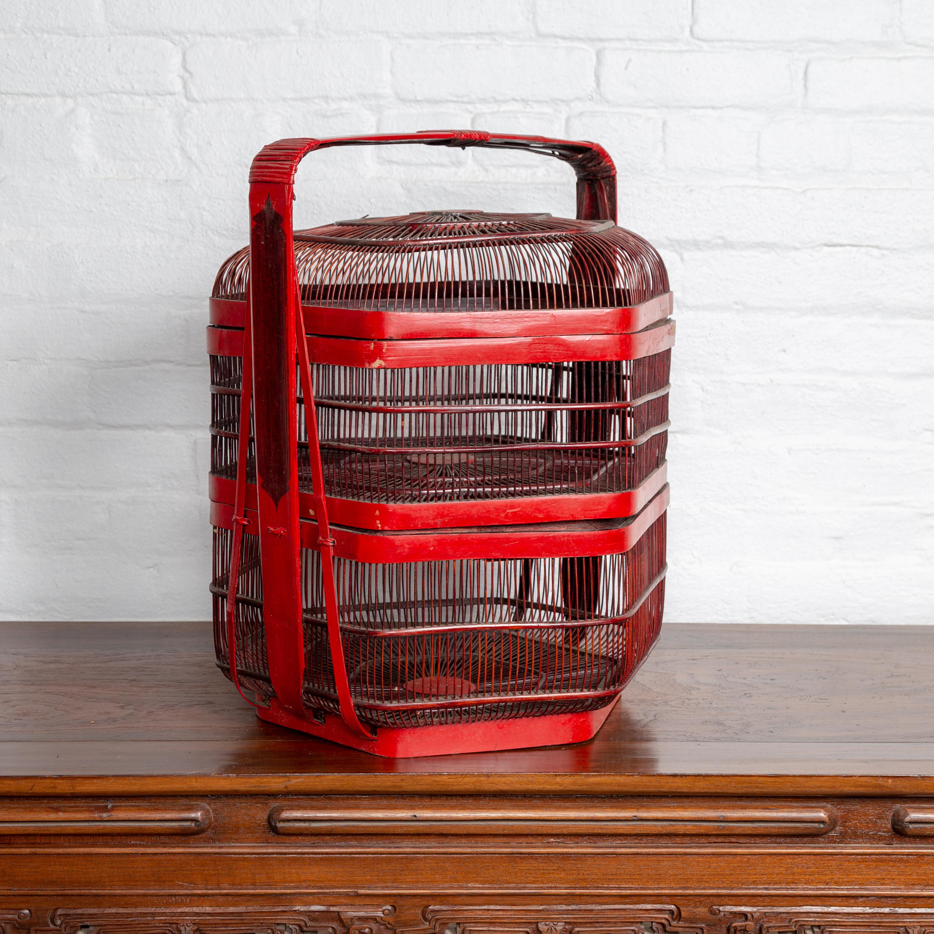 Vintage Chinese Red Lacquered Bird Cage with Handle and Hexagonal Base For Sale 1