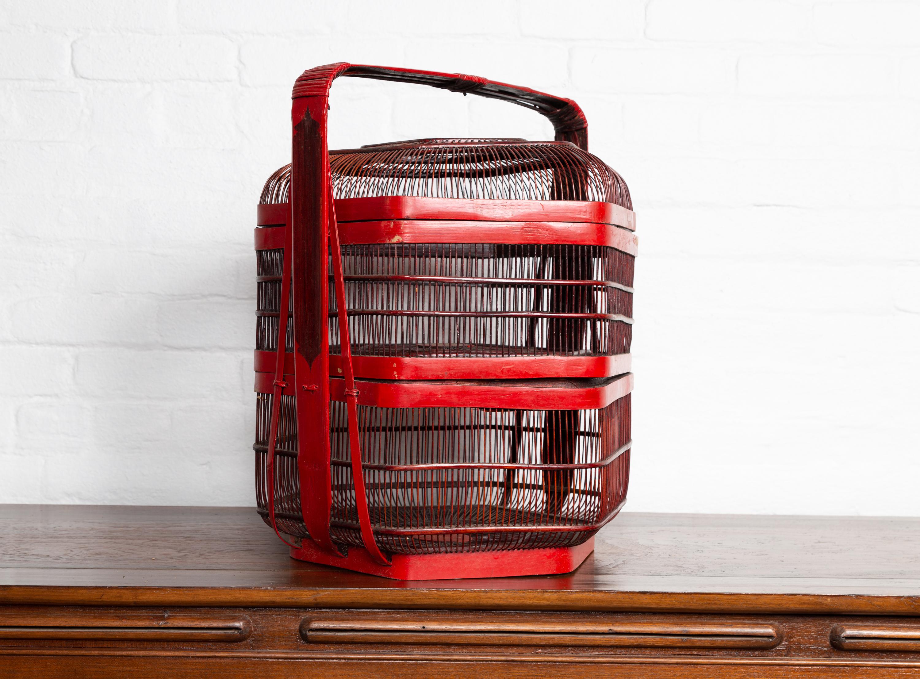 Vintage Chinese Red Lacquered Bird Cage with Handle and Hexagonal Base For Sale 2