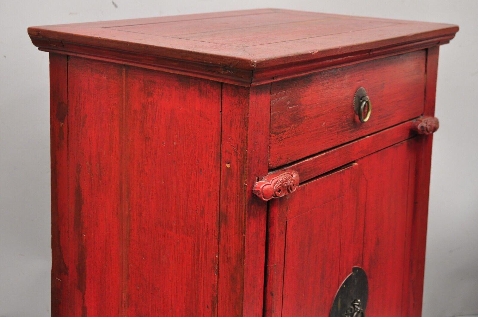 Vintage Chinese Red Lacquered Cabinet Cupboard with Drawer and Swing Doors In Good Condition In Philadelphia, PA