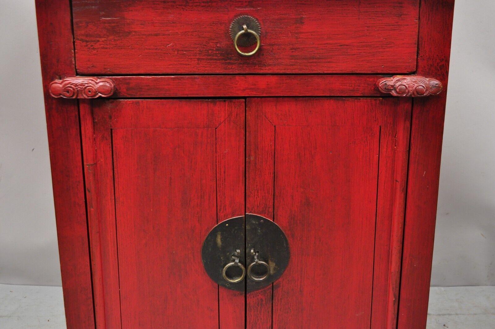 Wood Vintage Chinese Red Lacquered Cabinet Cupboard with Drawer and Swing Doors