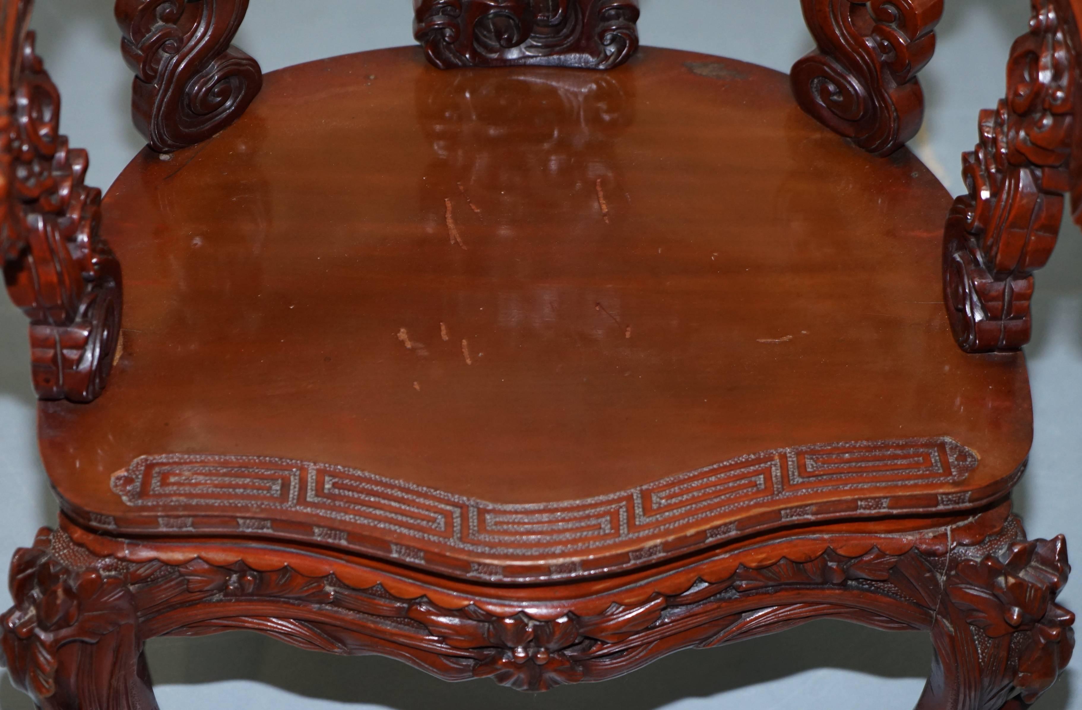 Vintage Chinese Red Lacquered Carved Elm Armchair with Heavy Foliage Detailing For Sale 8