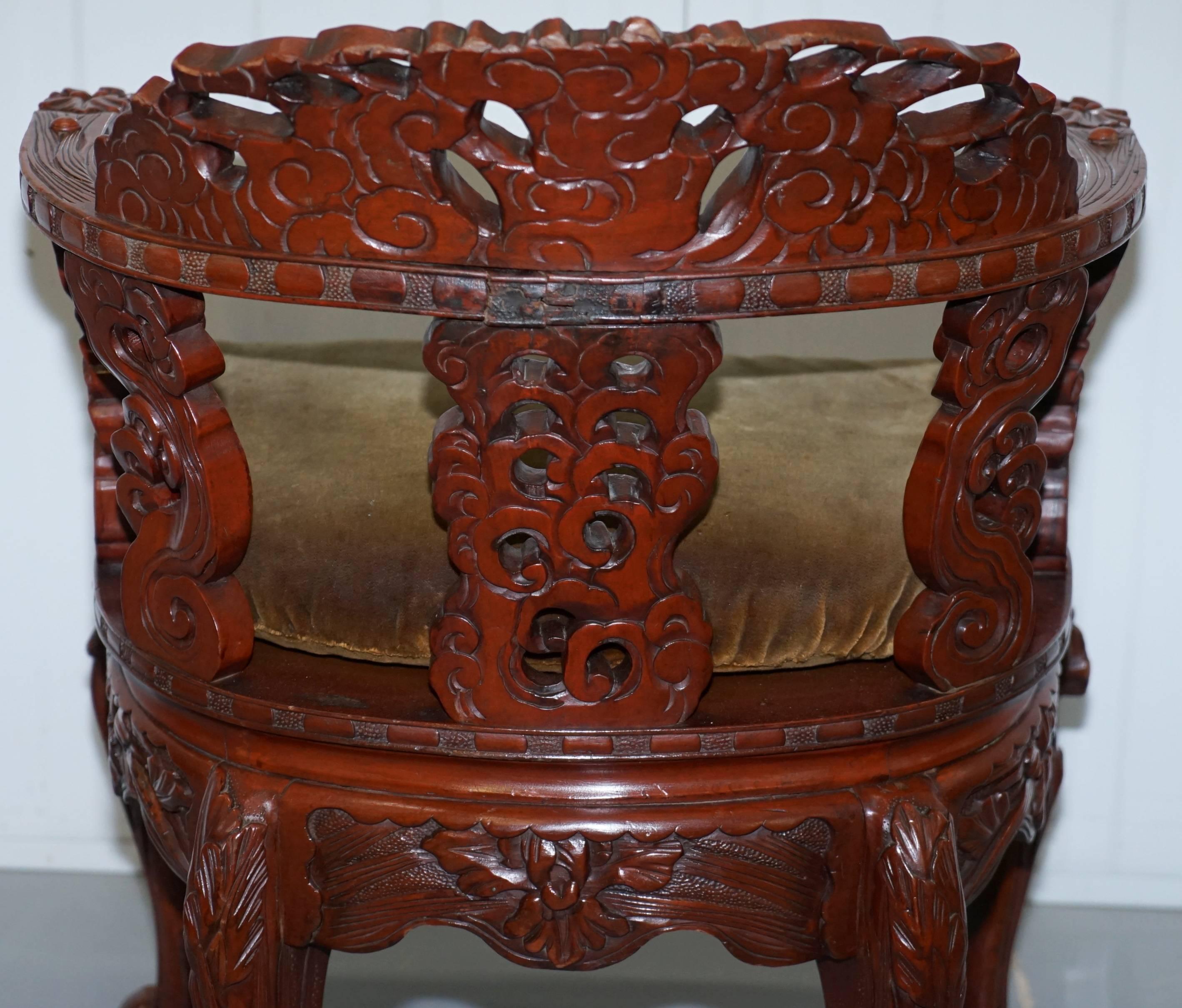 Vintage Chinese Red Lacquered Carved Elm Armchair with Heavy Foliage Detailing For Sale 11