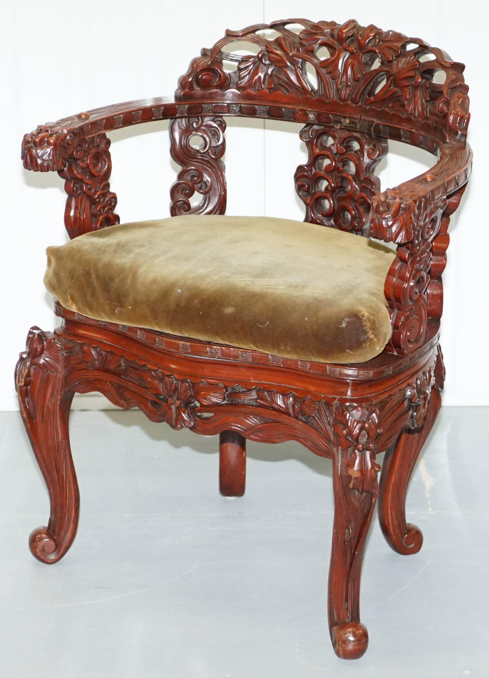 Chinese Export Vintage Chinese Red Lacquered Carved Elm Armchair with Heavy Foliage Detailing For Sale