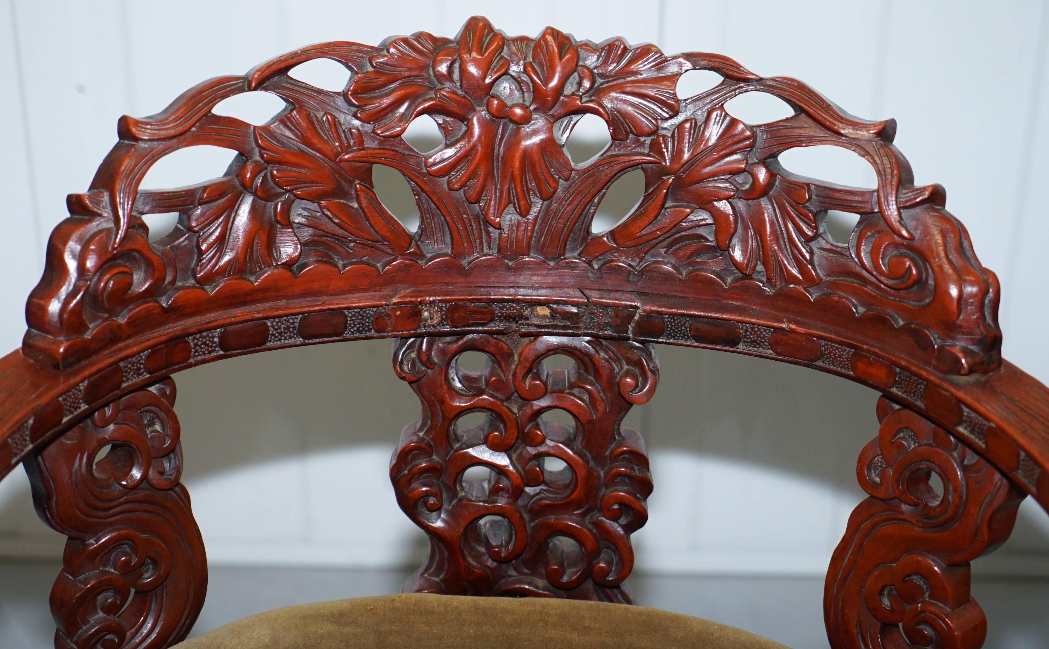 Vintage Chinese Red Lacquered Carved Elm Armchair with Heavy Foliage Detailing For Sale 2