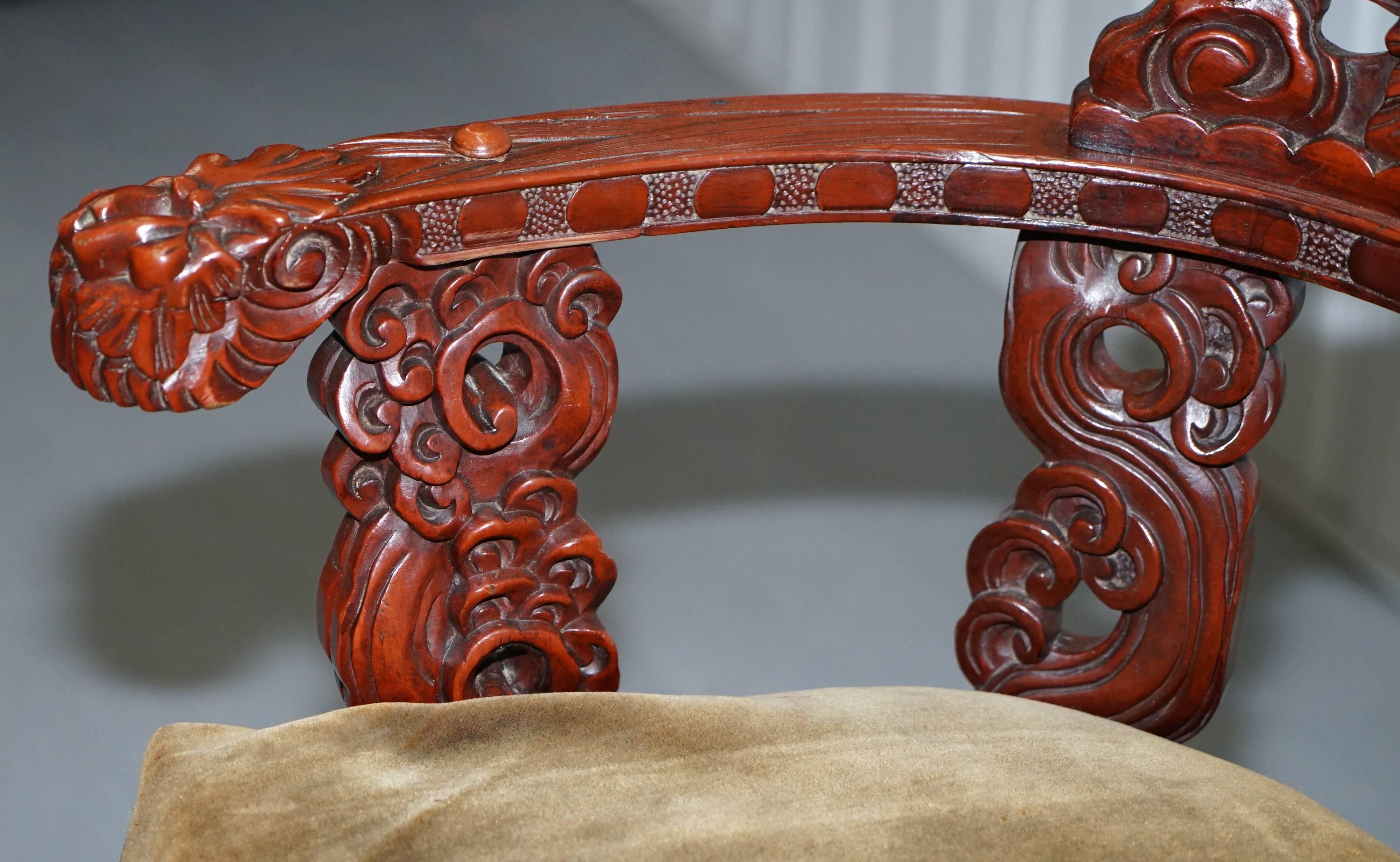 Vintage Chinese Red Lacquered Carved Elm Armchair with Heavy Foliage Detailing For Sale 4