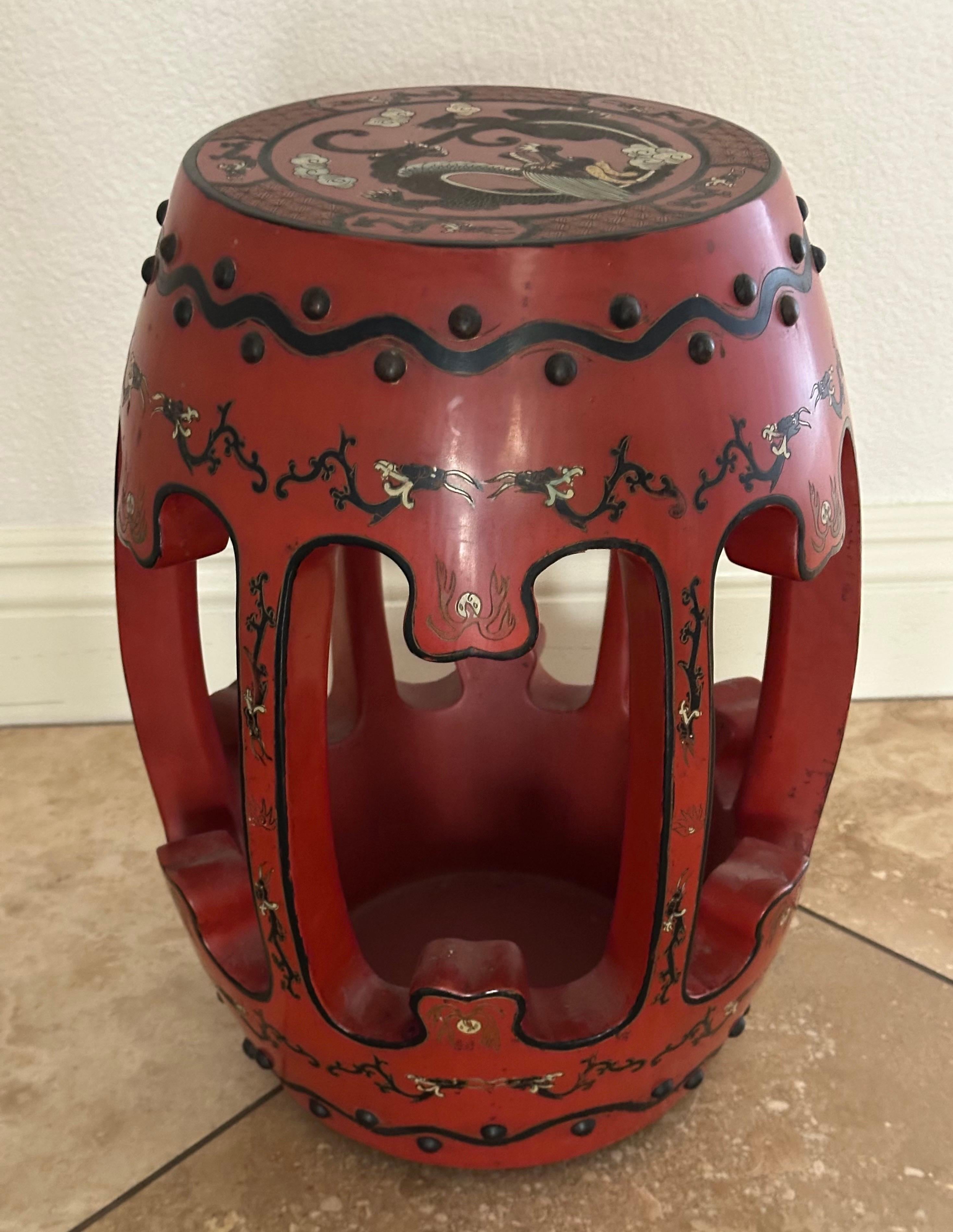 Chinesischer rot lackierter Drachen-Gartenhocker in Fassform, Chinesisch im Zustand „Gut“ im Angebot in San Diego, CA