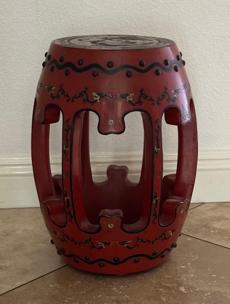 Vintage Chinese Red Lacquered Dragon Barrel Form Garden Stool For