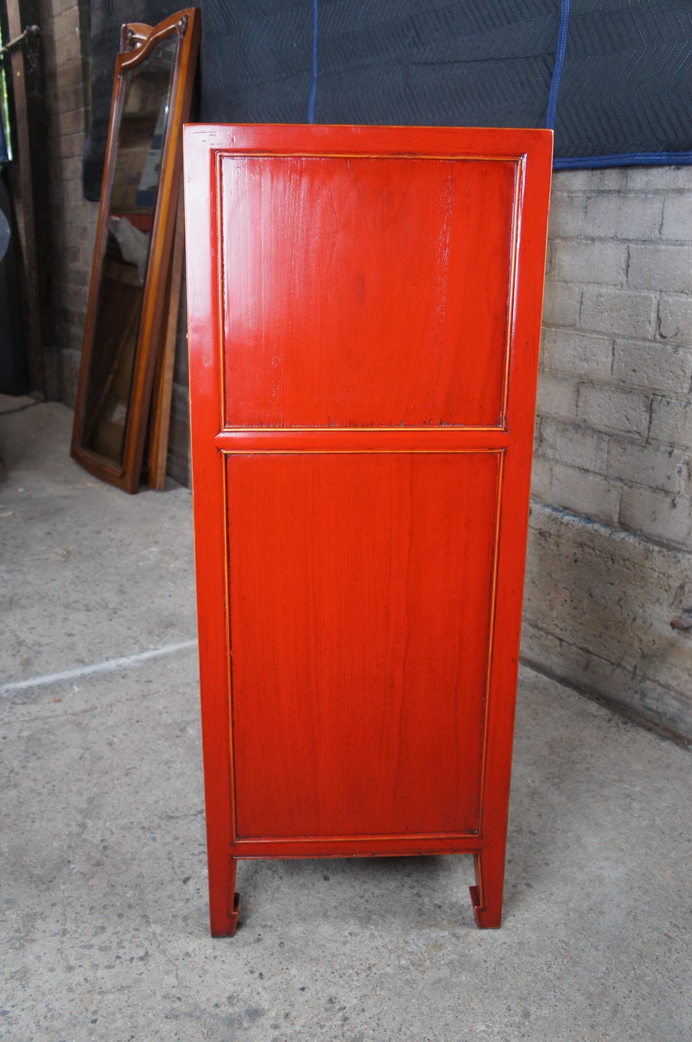 Vintage Chinese Red Lacquered Elm 5 Drawer Modern Tallboy Dresser Highboy Chest 5