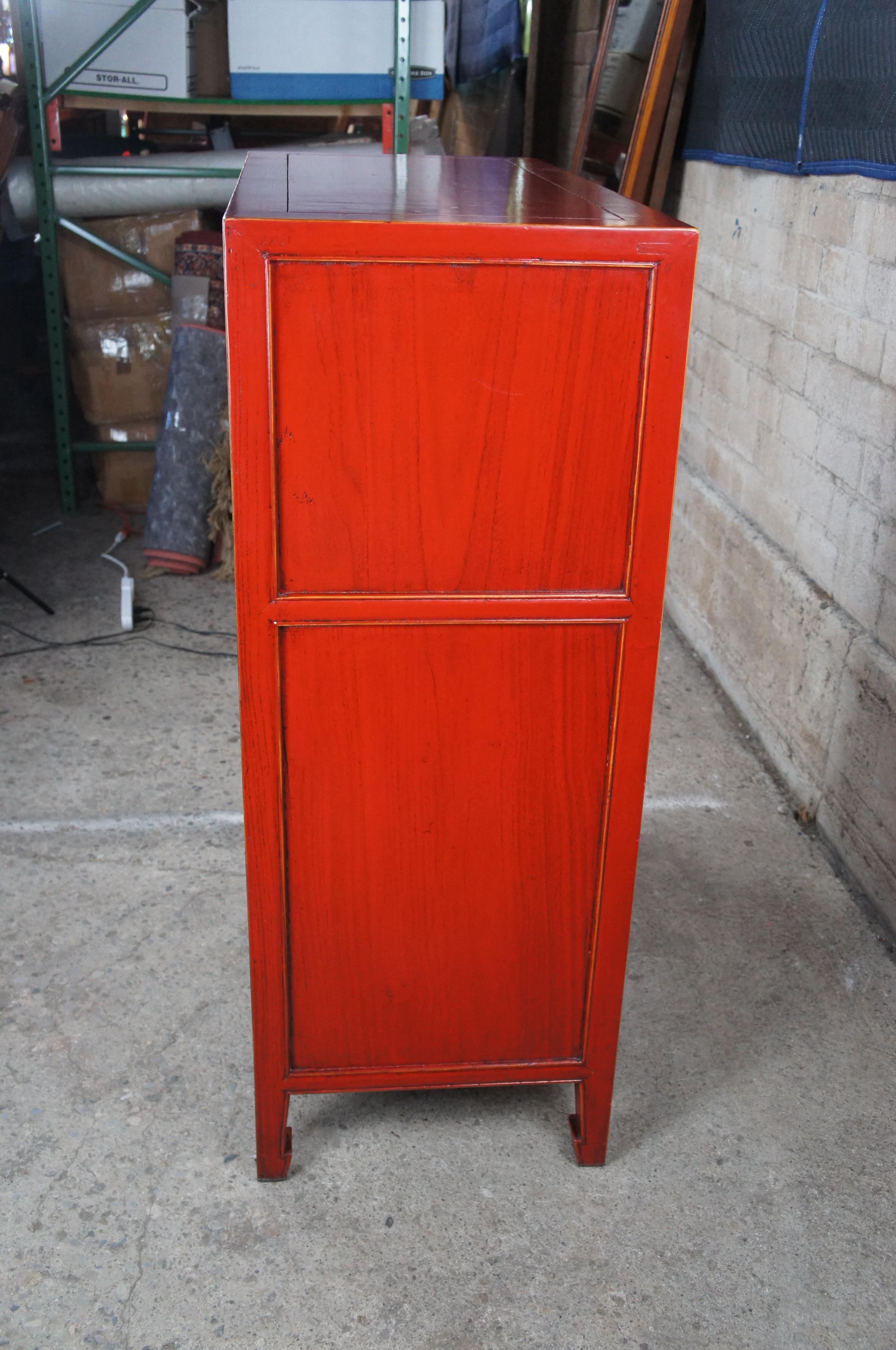 Vintage Chinese Red Lacquered Elm 5 Drawer Modern Tallboy Dresser Highboy Chest 7