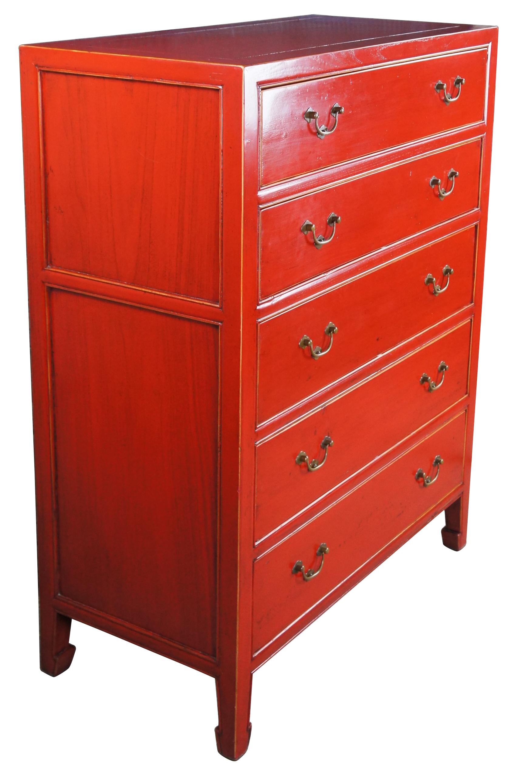 Ming Vintage Chinese Red Lacquered Elm 5 Drawer Modern Tallboy Dresser Highboy Chest