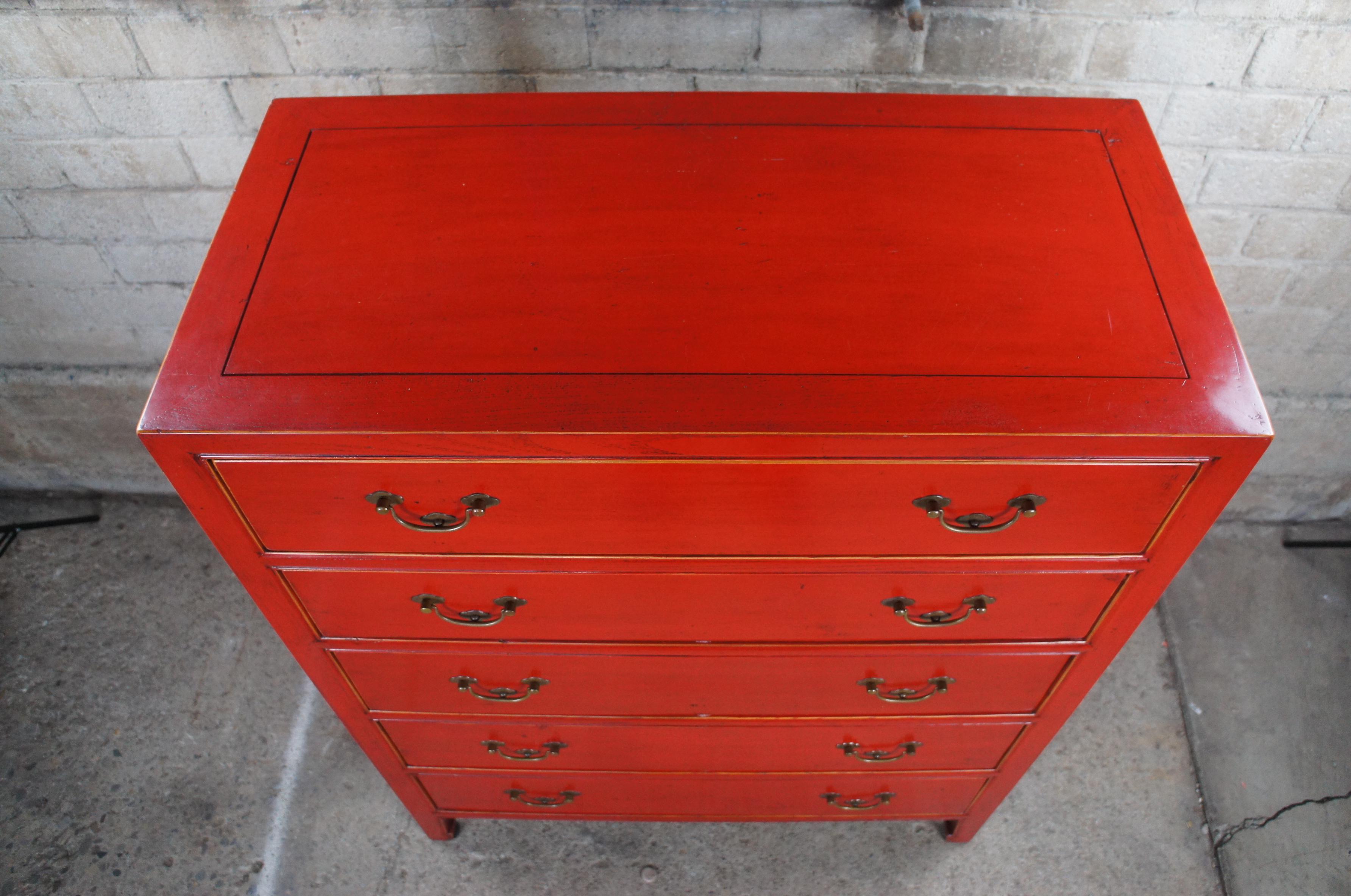 Vintage Chinese Red Lacquered Elm 5 Drawer Modern Tallboy Dresser Highboy Chest In Good Condition In Dayton, OH