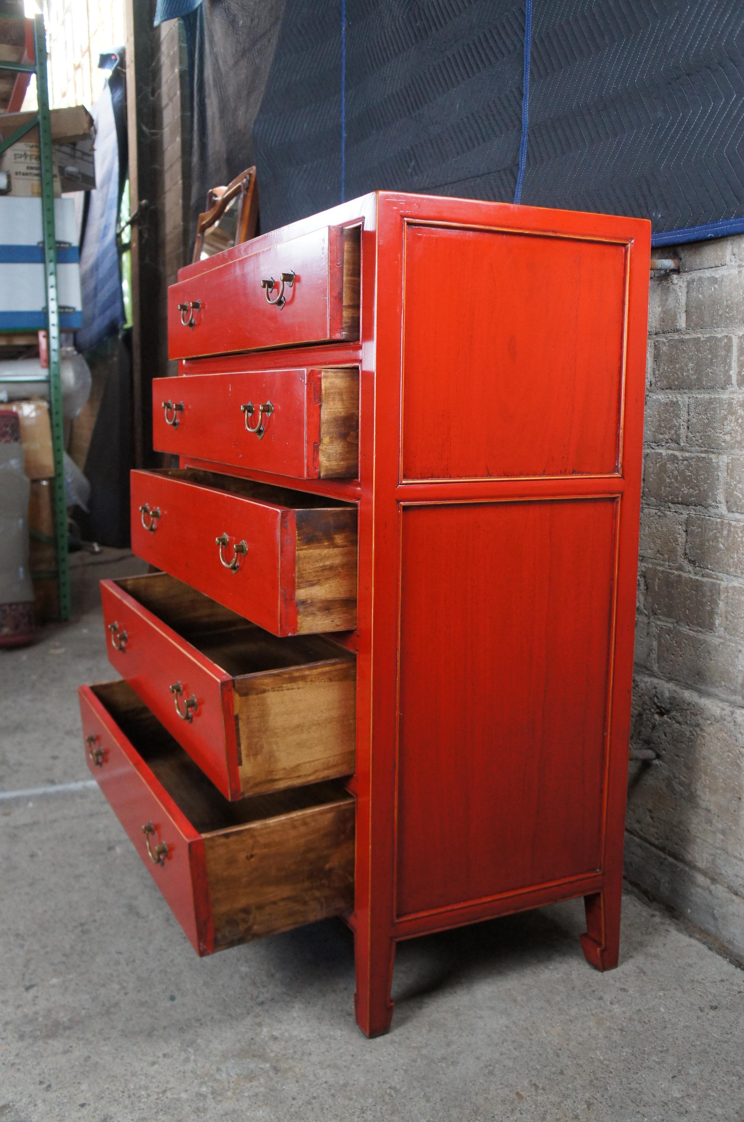 Vintage Chinese Red Lacquered Elm 5 Drawer Modern Tallboy Dresser Highboy Chest 1