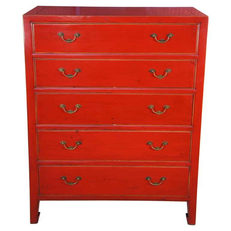 Vintage Chinese Red Lacquered Elm 5 Drawer Modern Tallboy Dresser