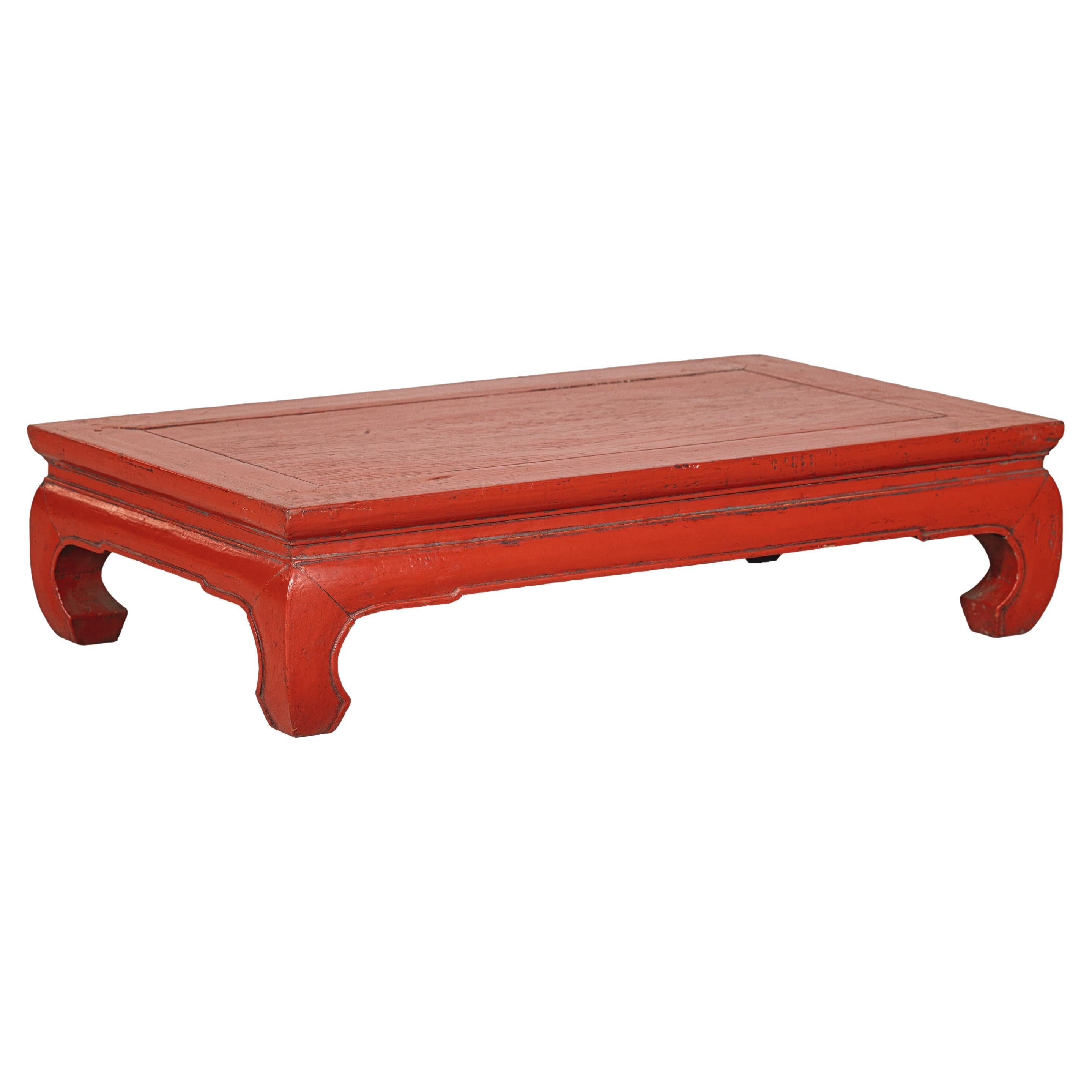 Vintage Chinese Red Lacquered Low Kang Table with Curved Legs