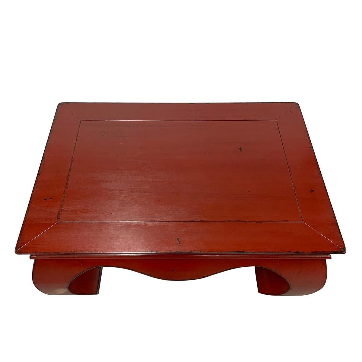 Elm Vintage Chinese Red Lacquered Ming Dynasty Style Coffee Table For Sale