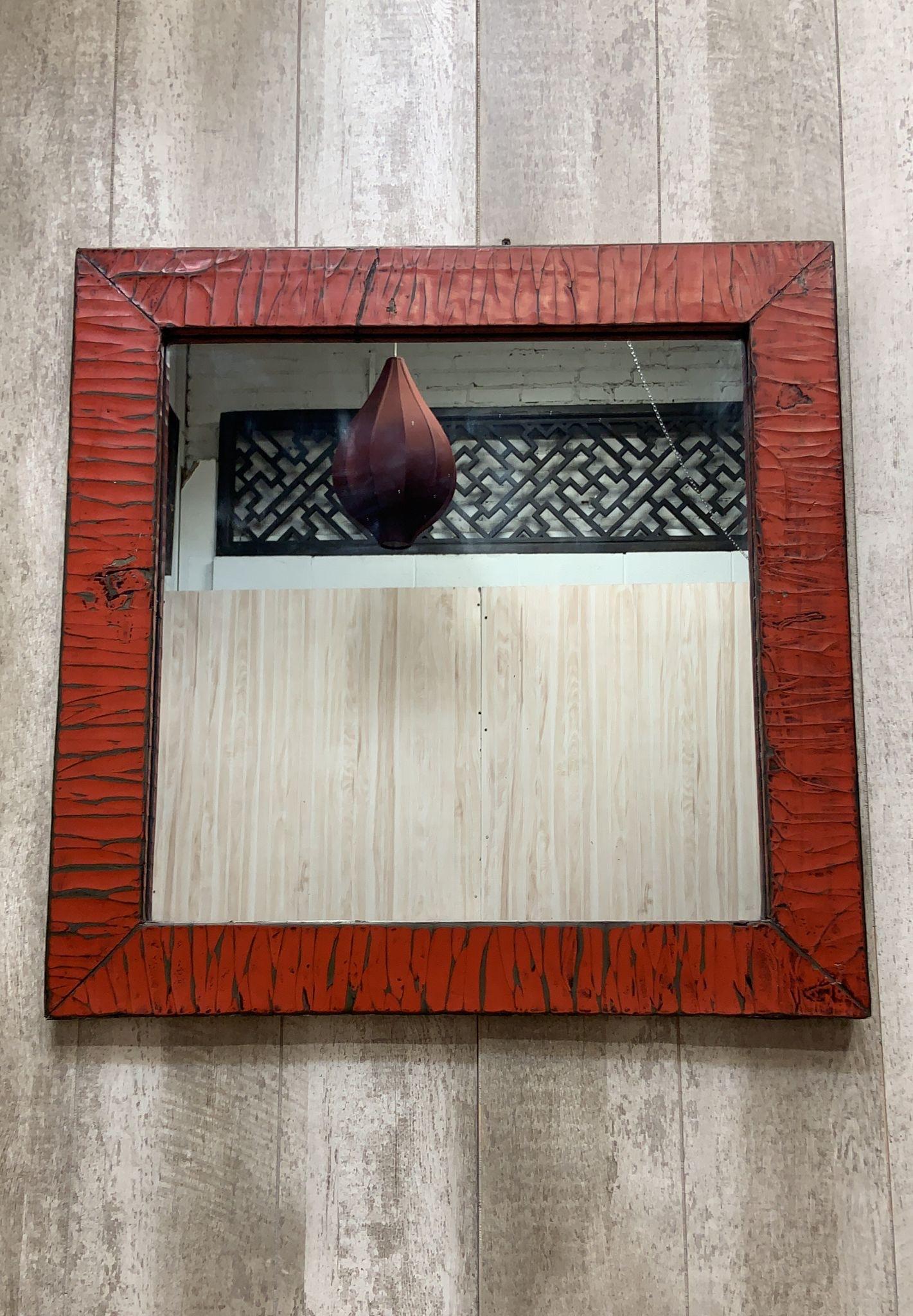Chinese Export Vintage Chinese Red Linen Wrapped Square Mirror For Sale